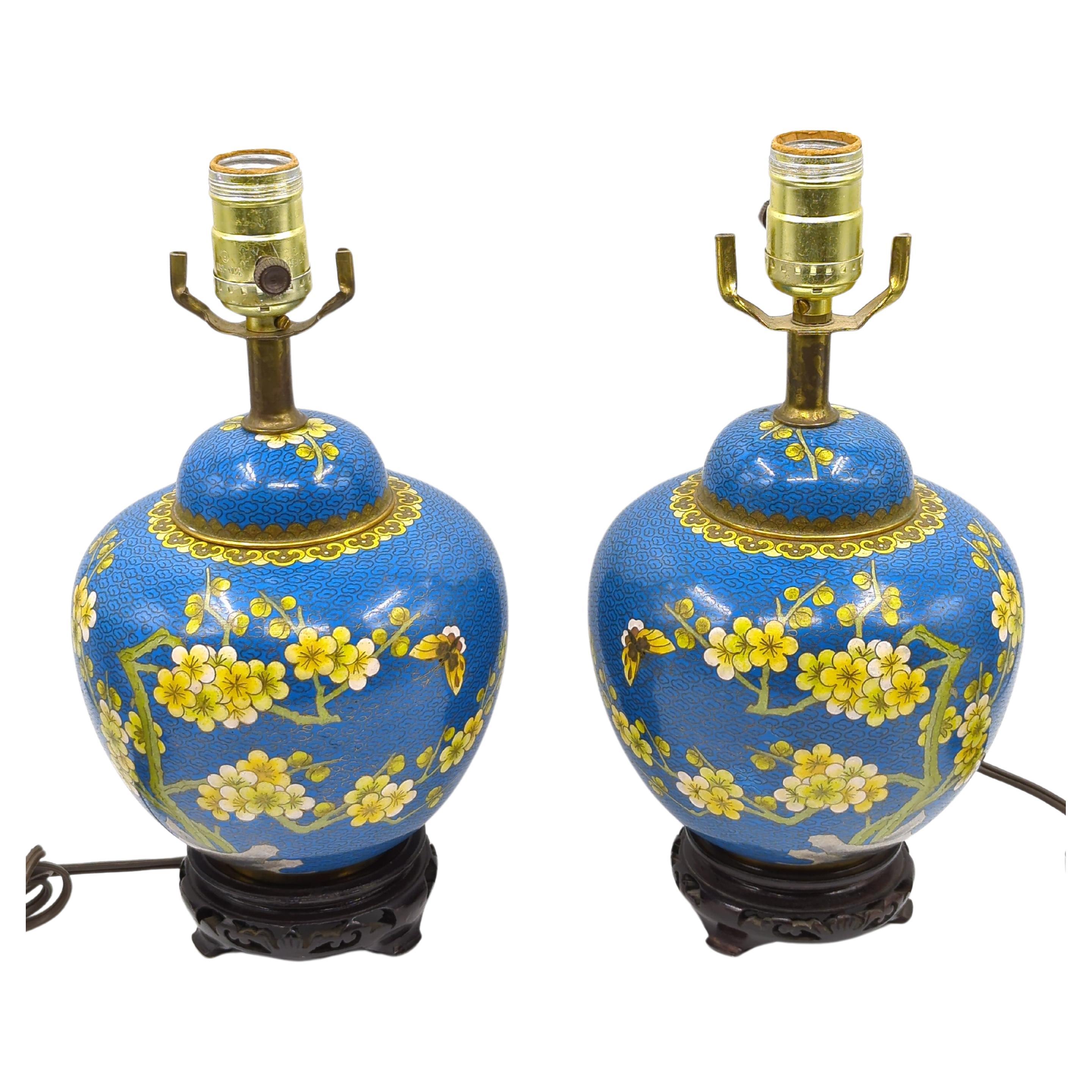 Paire d'anciennes lampes de table en cloisonné recouvertes de prunus et de gingembre, en vermeil, datant du 19e siècle. en vente 8