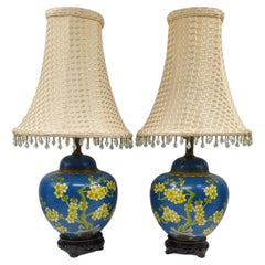 Pair Antique 19c Chinese Gilt Cloisonne Covered Prunus Ginger Jar Table Lamps