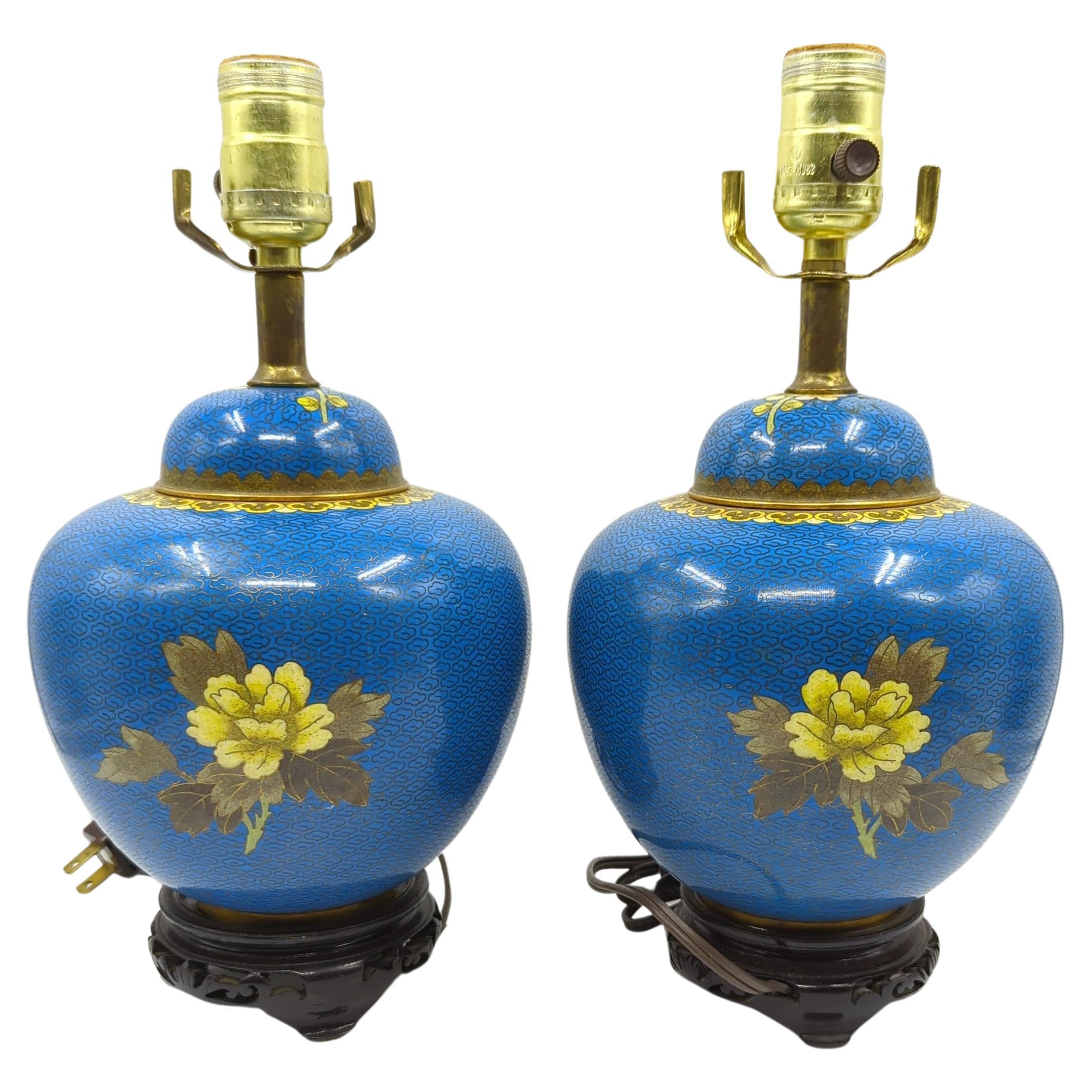 Paar antike chinesische vergoldete Cloisonné-Tischlampen aus Prunus-Gingerglas mit Deckel aus dem 19. Jahrhundert (Bronze) im Angebot
