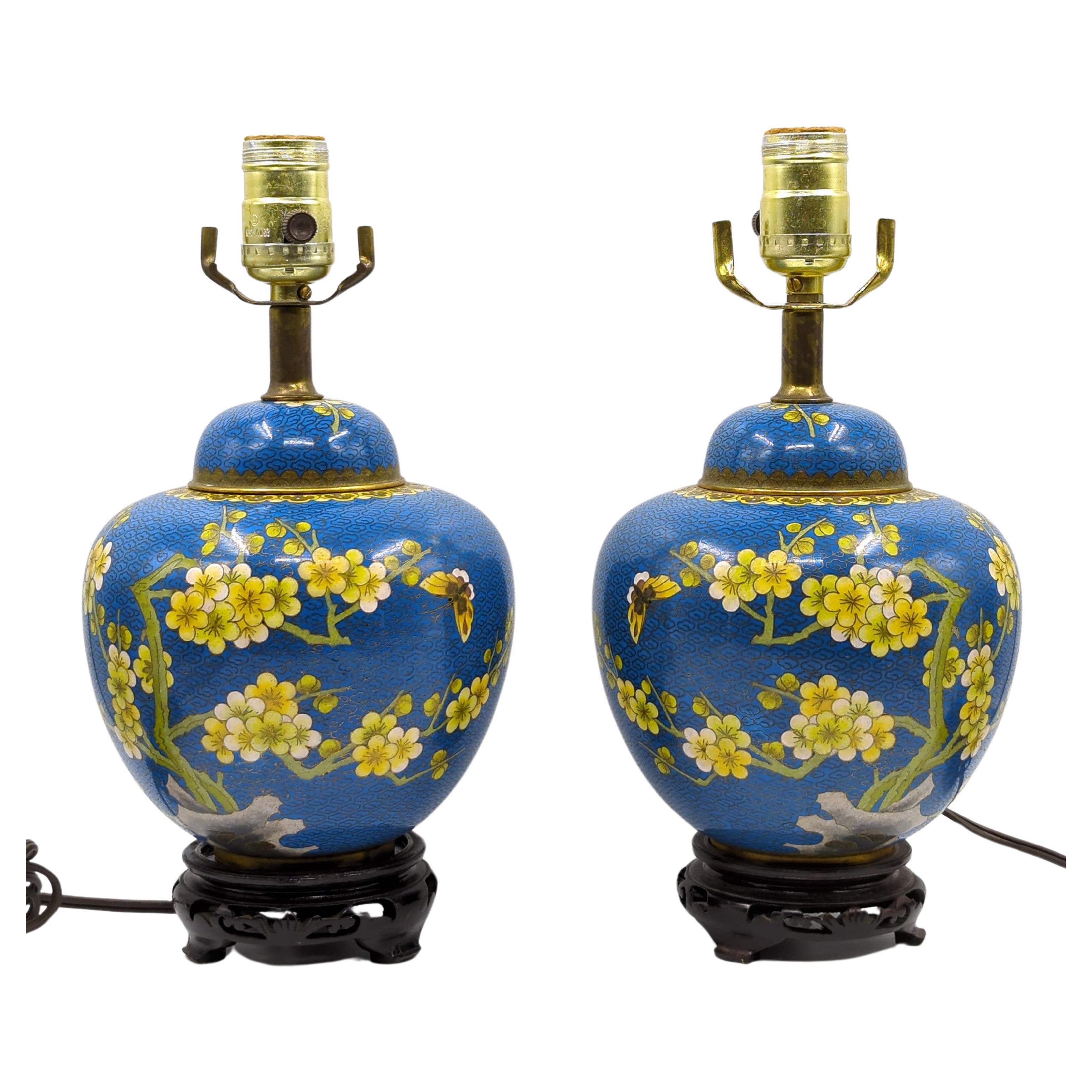 Chinese Export Pair Antique 19c Chinese Gilt Cloisonne Covered Prunus Ginger Jar Table Lamps For Sale