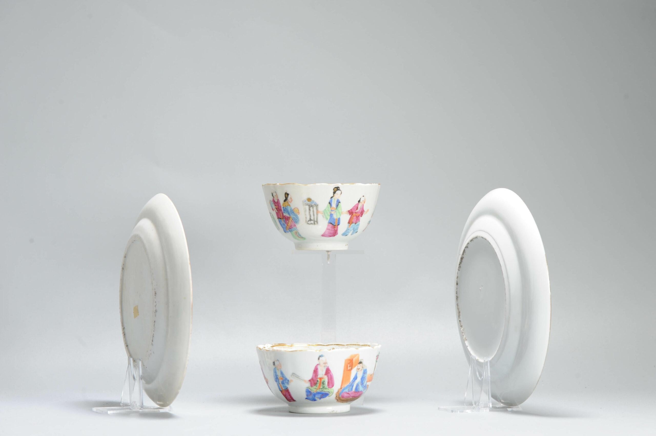 COPPIA Antica tazza e piatto in porcellana cinese del XIX secolo con figure Qing Daoguang in vendita 5