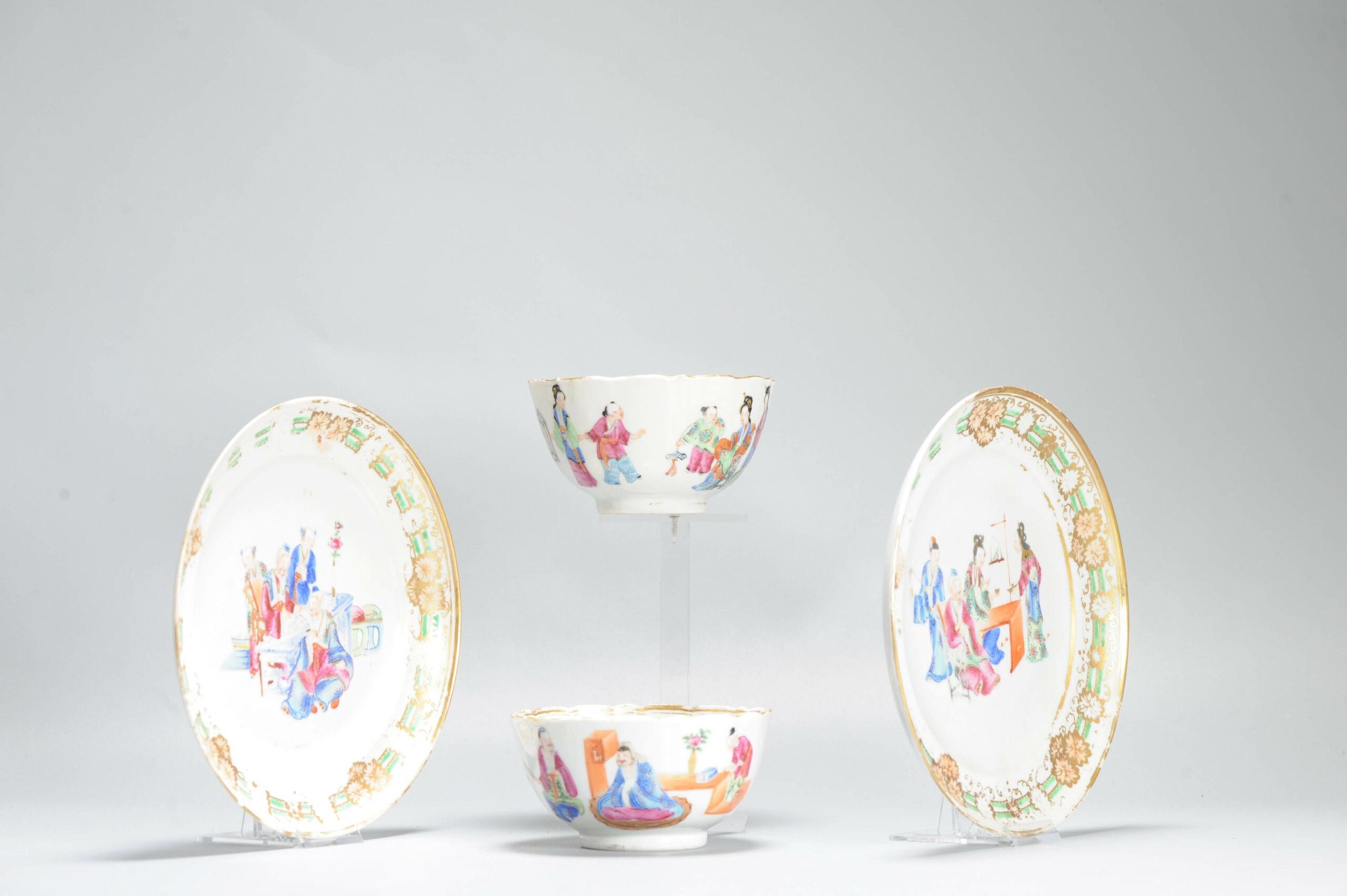 COPPIA Antica tazza e piatto in porcellana cinese del XIX secolo con figure Qing Daoguang in vendita 7