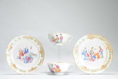 PAIR Antique 19C Chinese Porcelain Cantonese Cup & Dish Figures Qing Daoguang