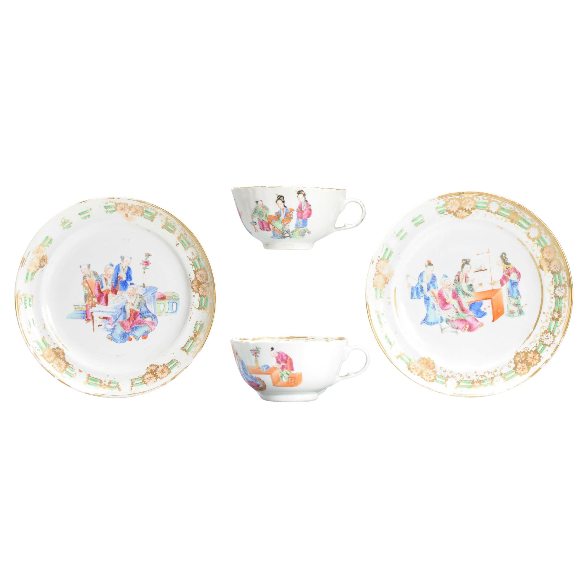 PAIR Antique 19C Chinese Porcelain Cantonese Cup & Dish Figures Qing Daoguang