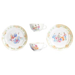 PAIR Antique 19C Chinese Porcelain Cantonese Cup & Dish Figures Qing Daoguang
