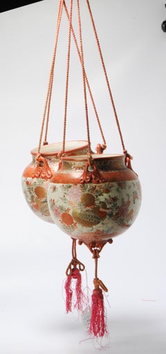 Pair Antique 19th/20C Japanese Kutani Hanging Vases Landscape Two Quails