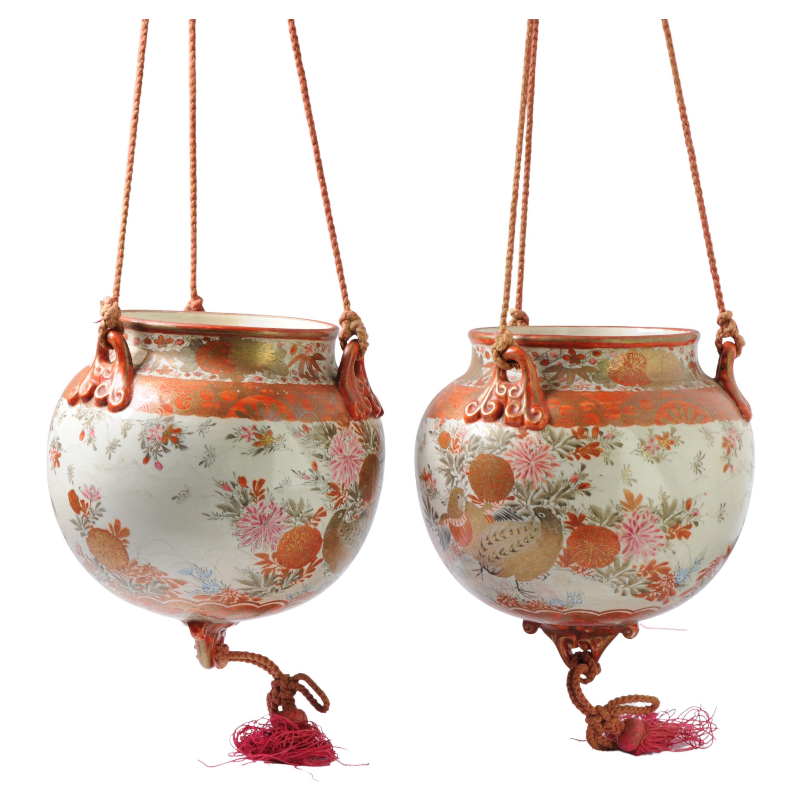 Pair Antique 19th/20C Japanese Kutani Hanging Vases Landscape Two Quails