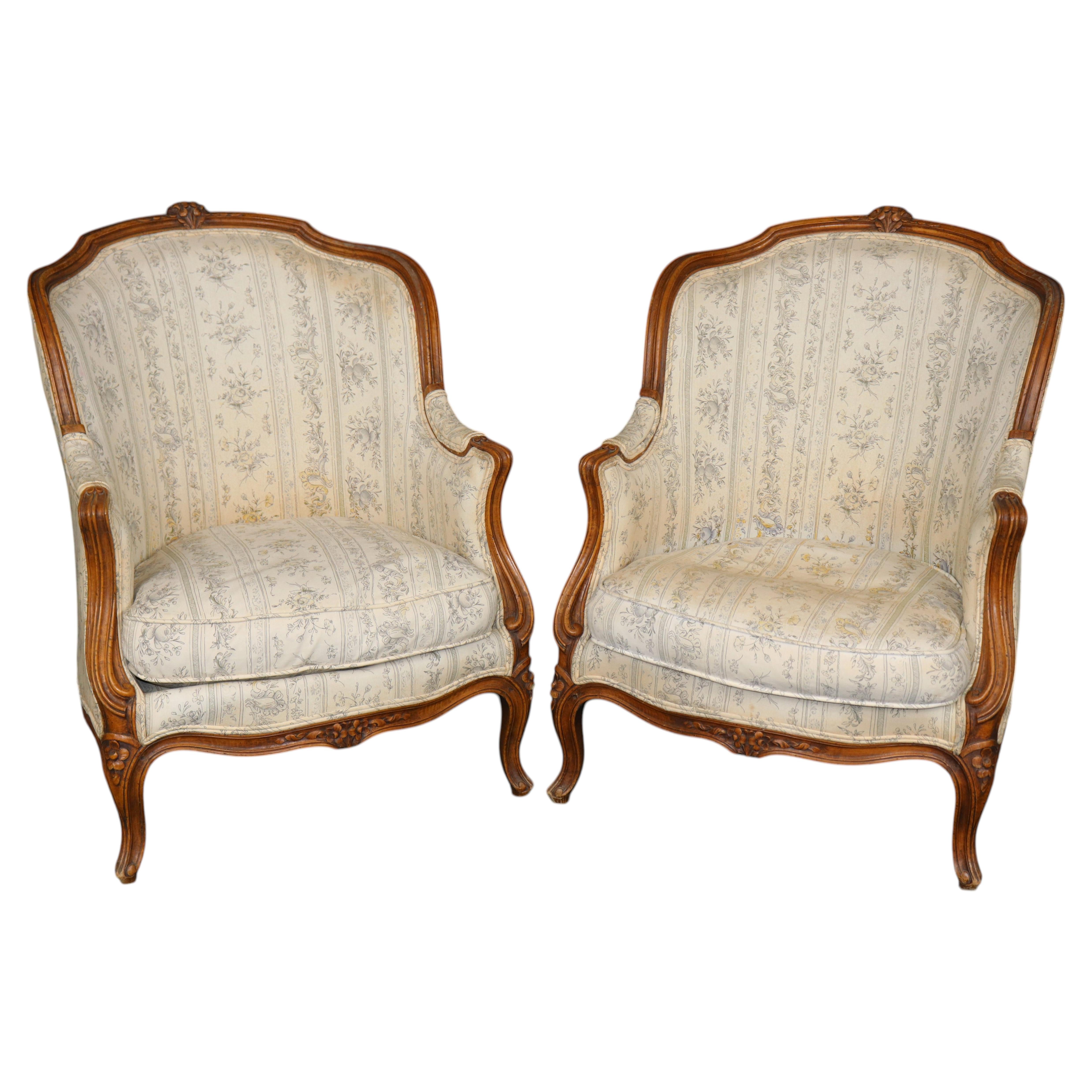 Pair Antique 19th C. French Louis XV Style Bergère Chairs