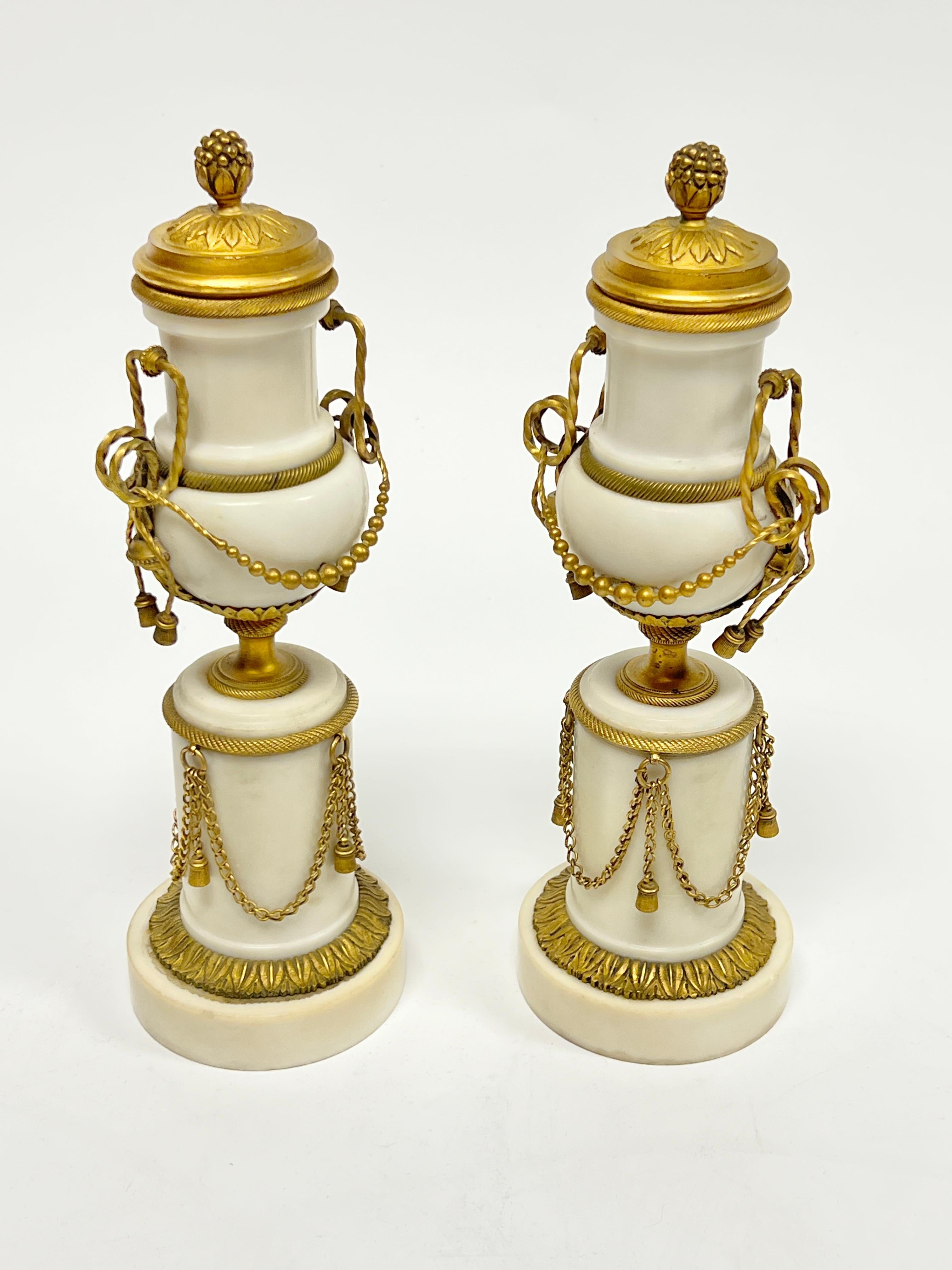 Pair Antique 19th C French Louis XVI Style Gilt Bronze Marble Candle Holders In Good Condition For Sale In New York, NY