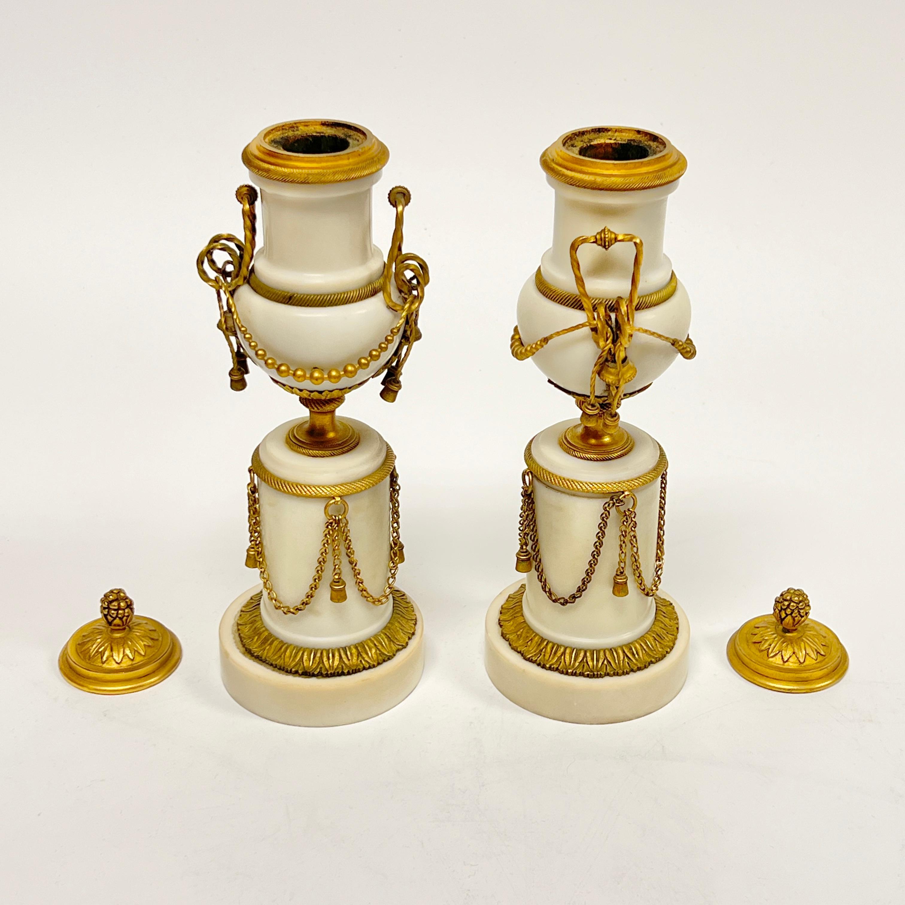 19th Century Pair Antique 19th C French Louis XVI Style Gilt Bronze Marble Candle Holders For Sale