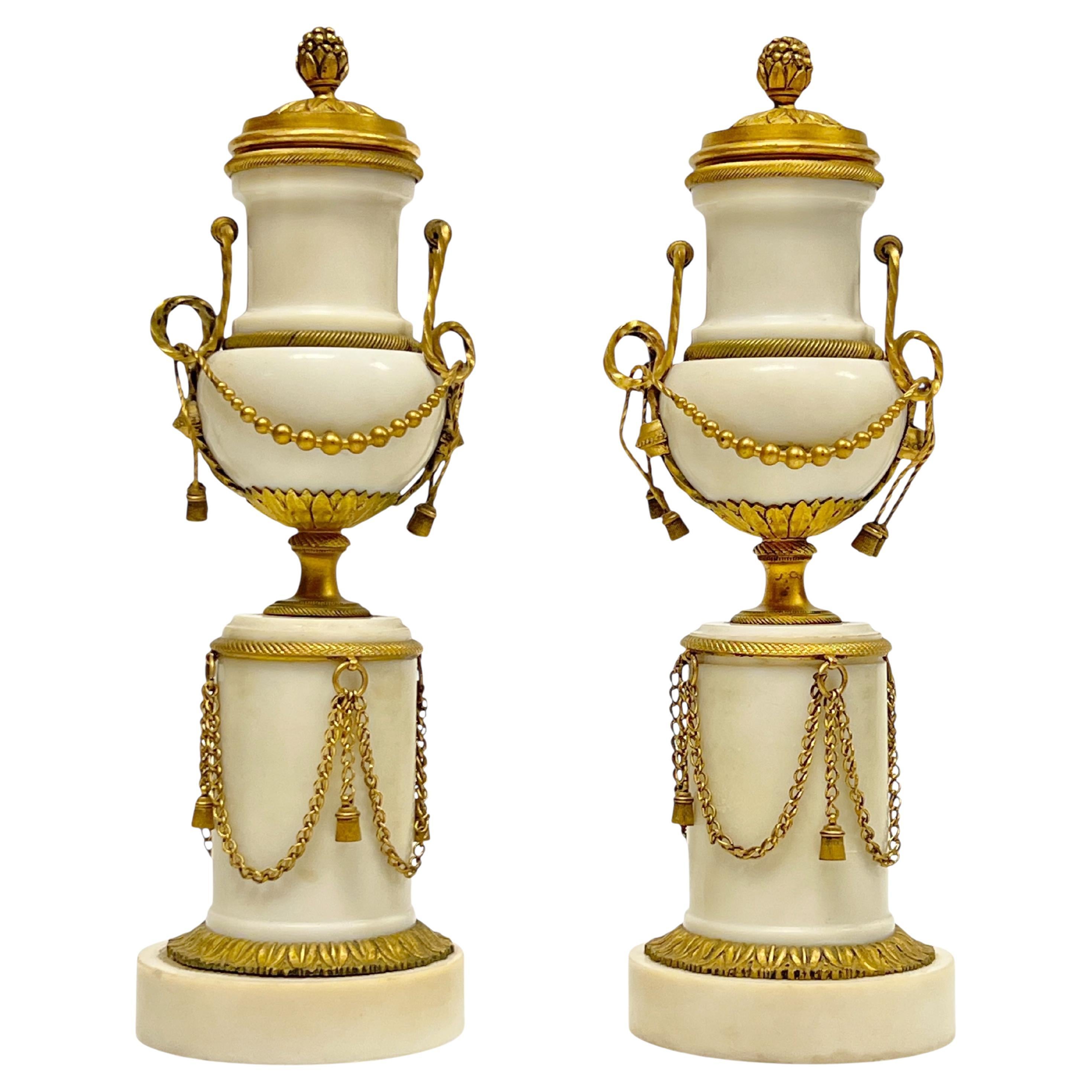 Pair Antique 19th C French Louis XVI Style Gilt Bronze Marble Candle Holders For Sale