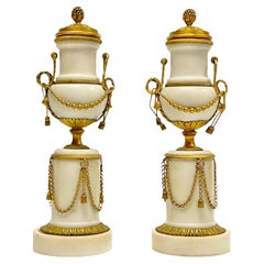 Pair Antique 19th C French Louis XVI Style Gilt Bronze Marble Candle Holders