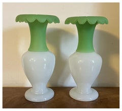 Pair Antique 19th c. French Opaline Apple Green & White Glass Vases