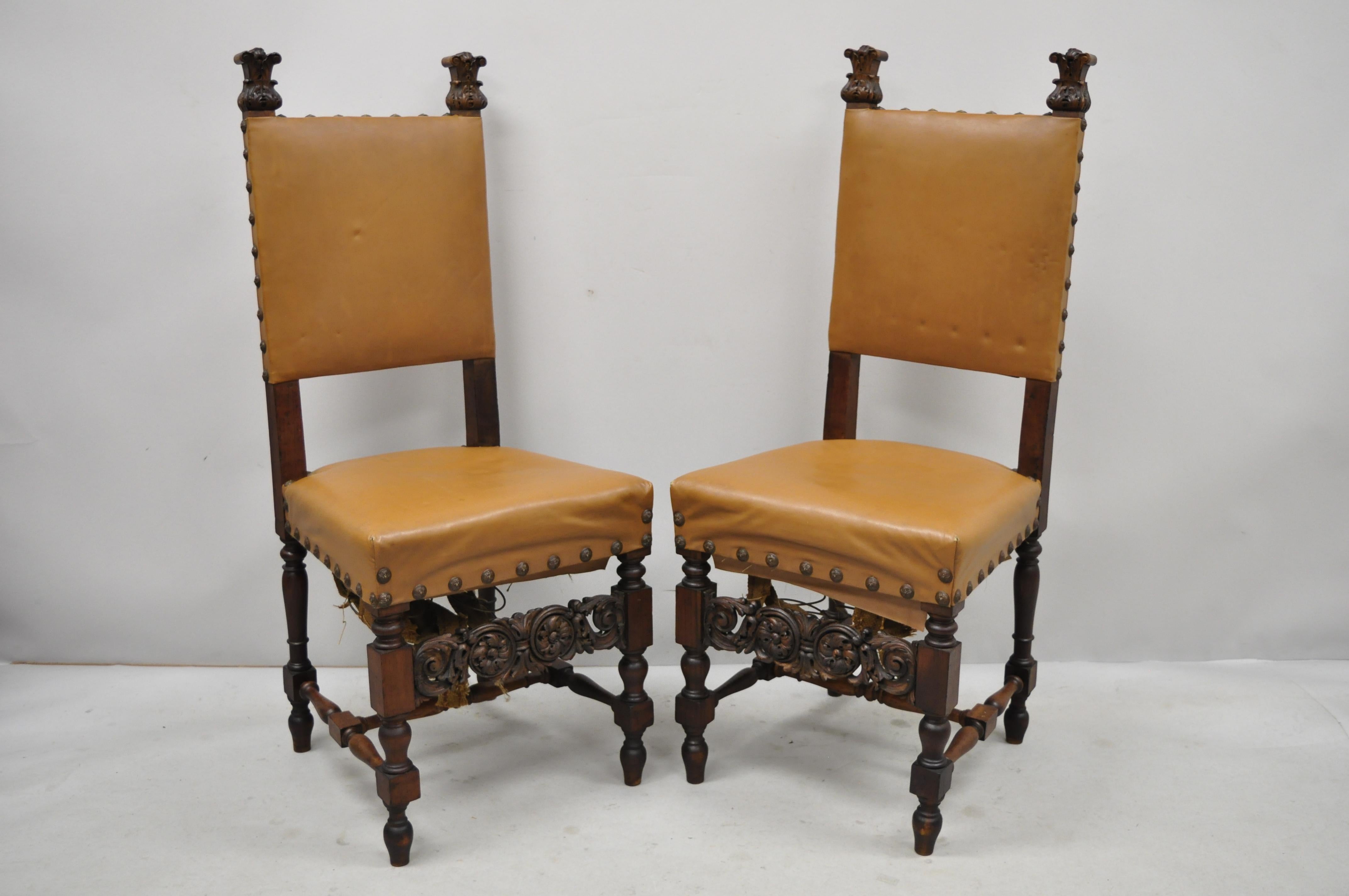 Pair of Antique Italian Renaissance Carved Walnut High Back Side Chairs For Sale 5