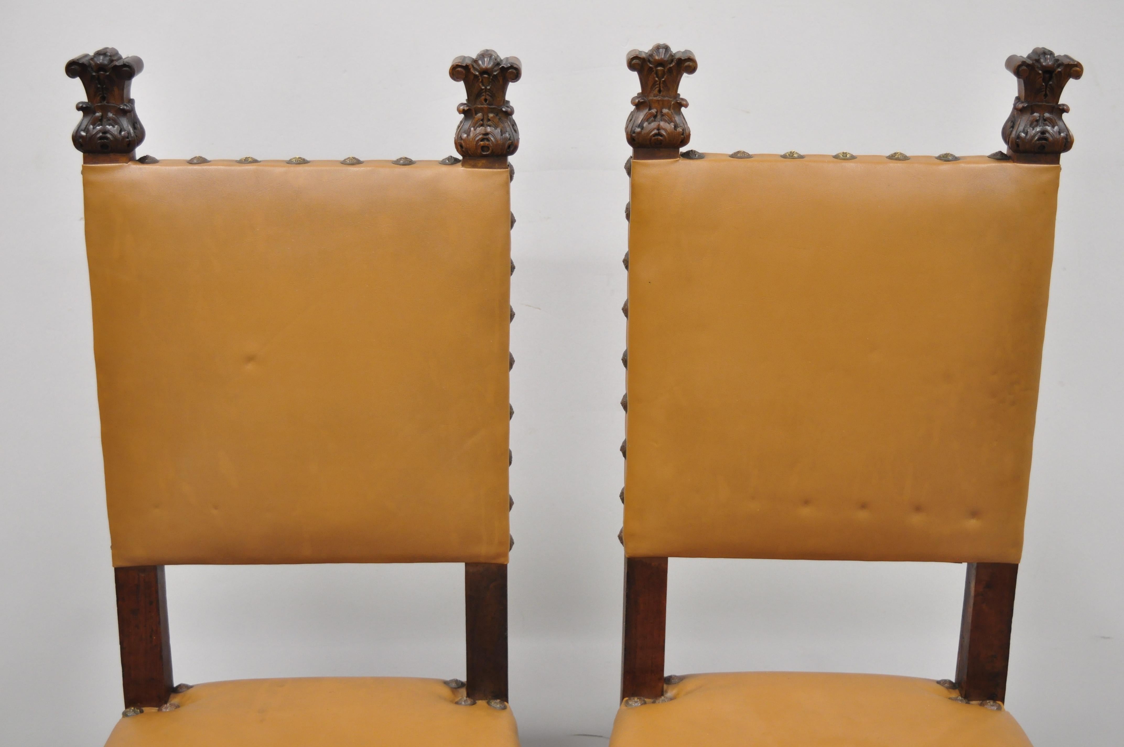 Pair of antique 19th century Italian Renaissance carved walnut high back side chairs. Listing includes a stretcher base, solid wood frame, nicely carved details, very nice antique item, circa 19th century. Measurements: 45