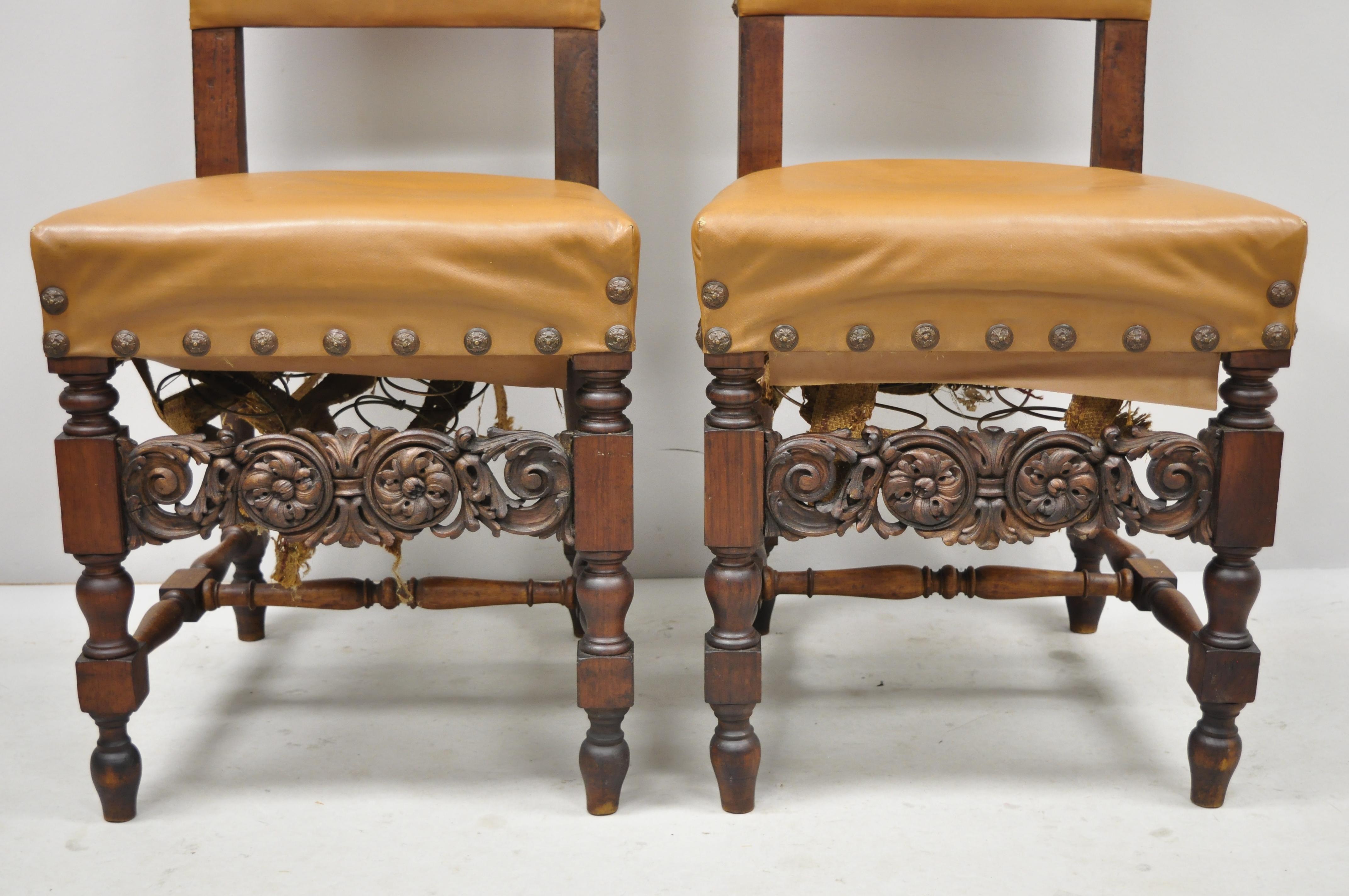 European Pair of Antique Italian Renaissance Carved Walnut High Back Side Chairs For Sale