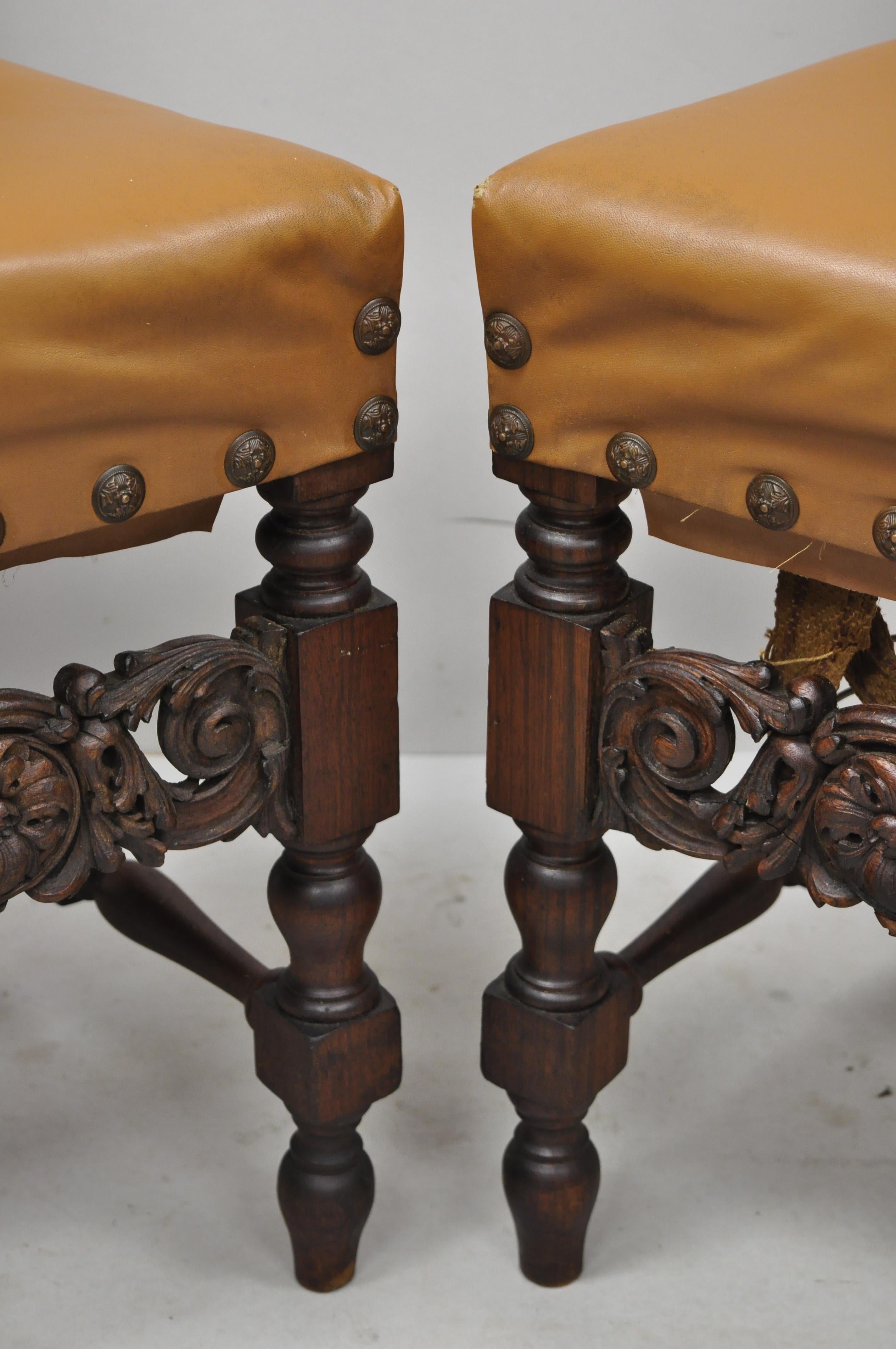 Naugahyde Pair of Antique Italian Renaissance Carved Walnut High Back Side Chairs For Sale