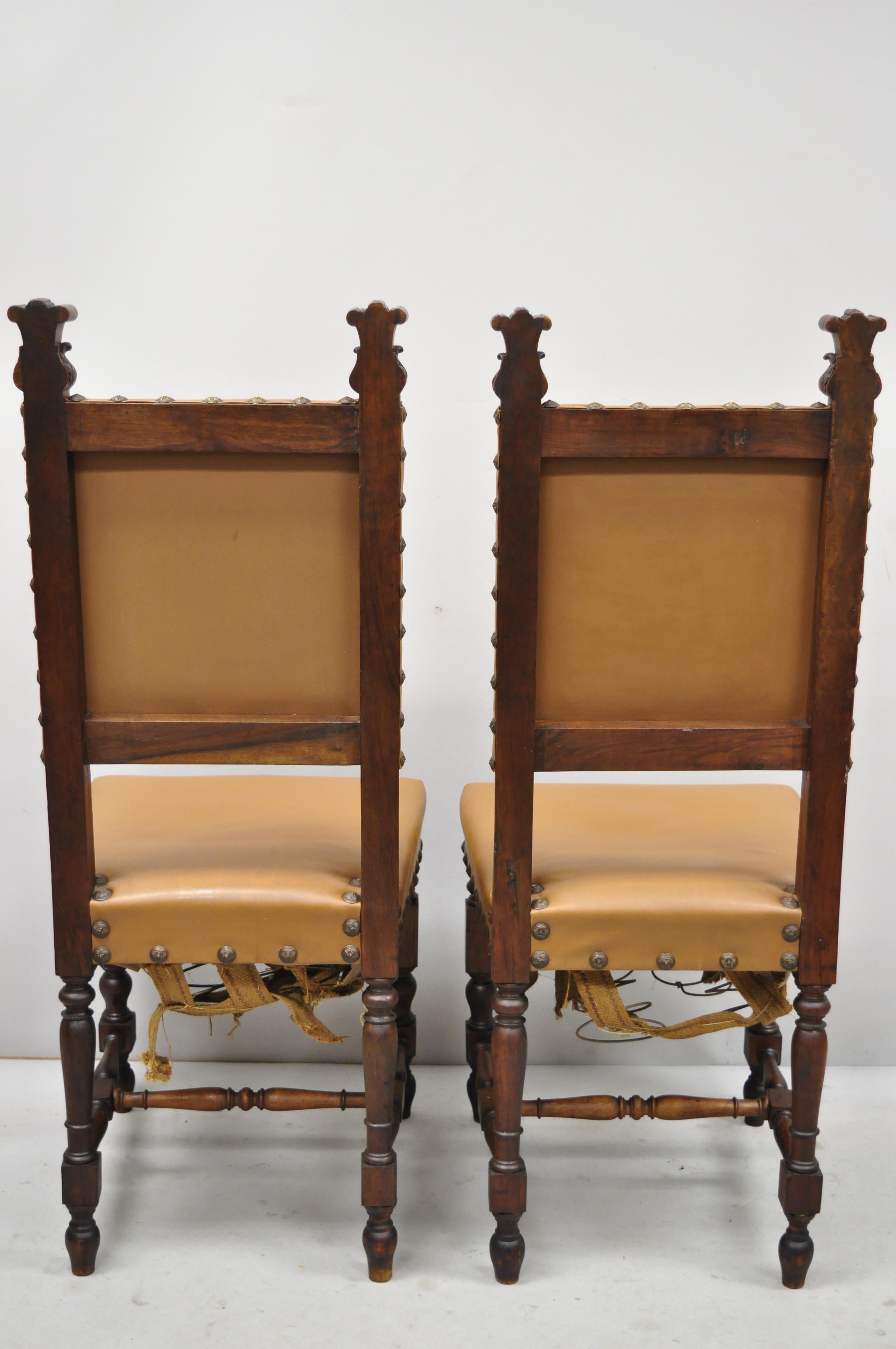Pair of Antique Italian Renaissance Carved Walnut High Back Side Chairs For Sale 3