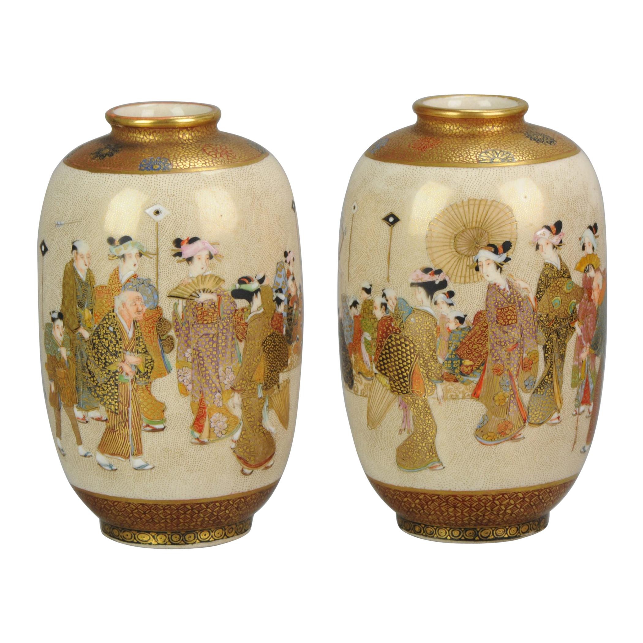 Pair of Antique 19th C Japanese Satsuma Shozan Vase Japan Figures Bow