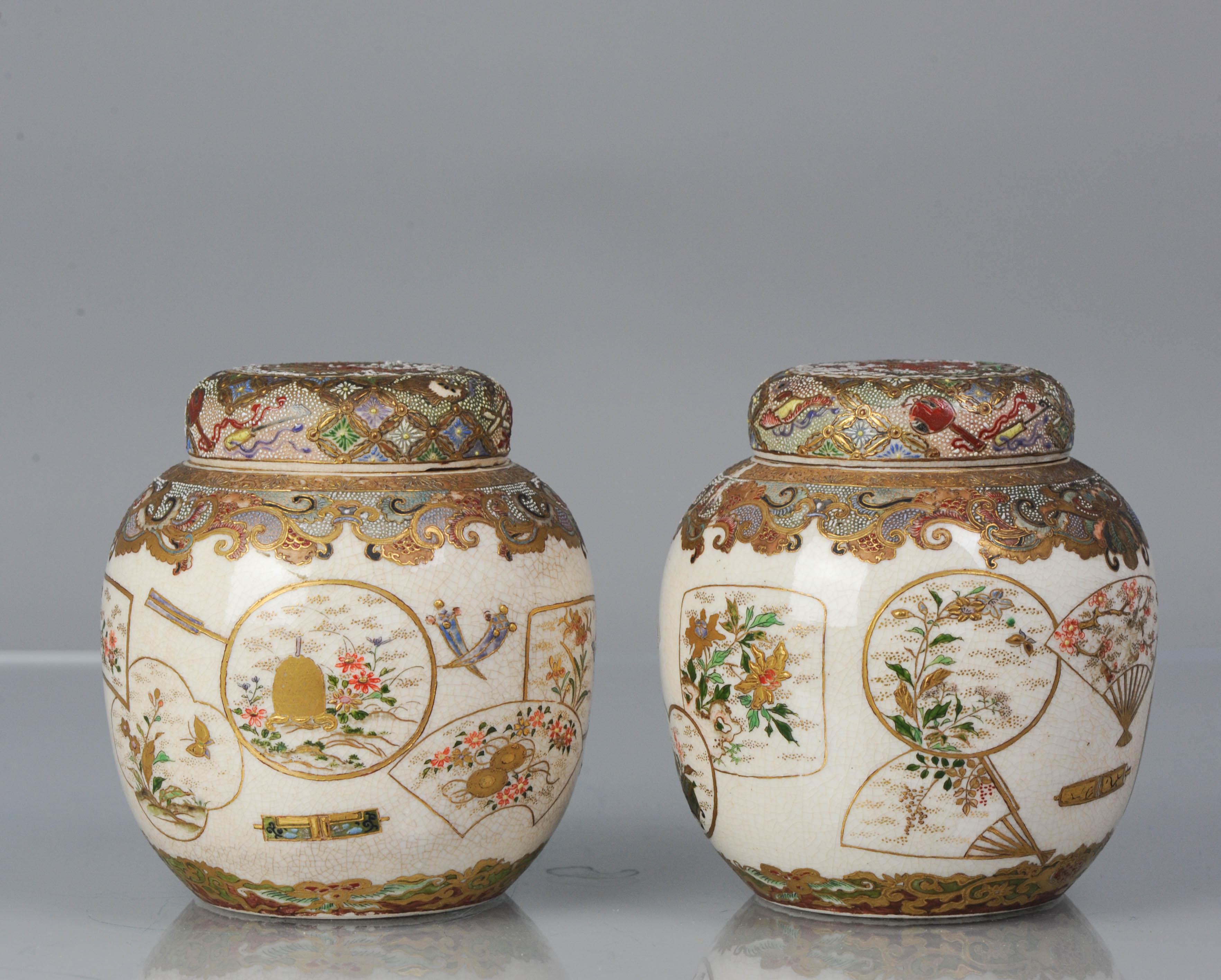 Description

A pair of Japanese Satsuma jars, Meiji Period. Incredible and very detailed piece. Just superb

Unmarked


Condition
Both perfect. Size 110 x 100 mm H X D

Period
Meiji Periode.