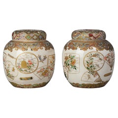 Pair Antique 19th C Meiji Japanese Satsuma Vase with Unmarked Base