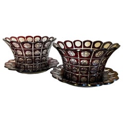 Pair Antique 19th c. Ruby Glass Cut to Clear Crystal Bowls and Under Tray Plates