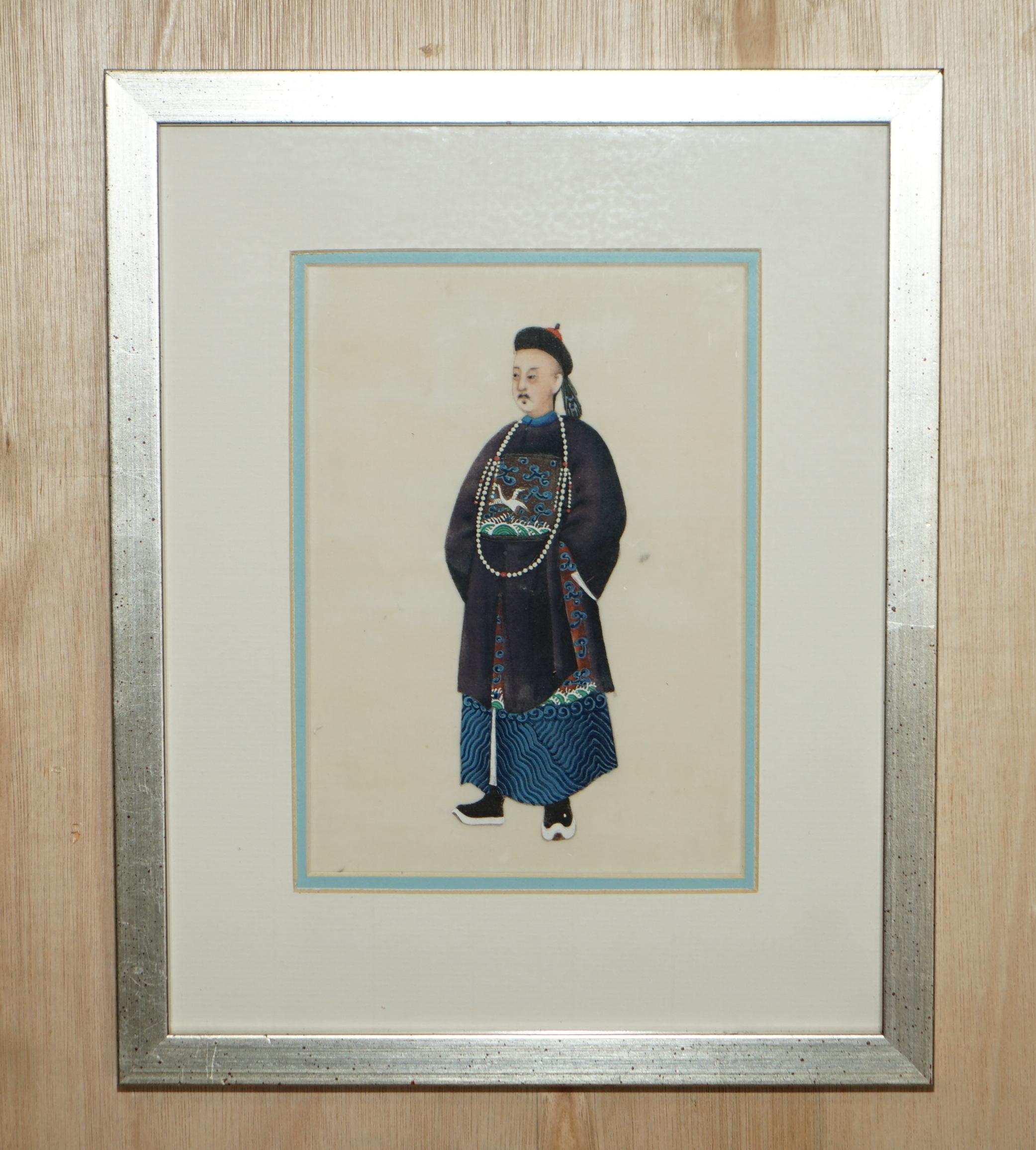 Pair Antique 19th Century 1880 Chinese Gouaches on Rice Paper Geisha Girl & Lord For Sale 8