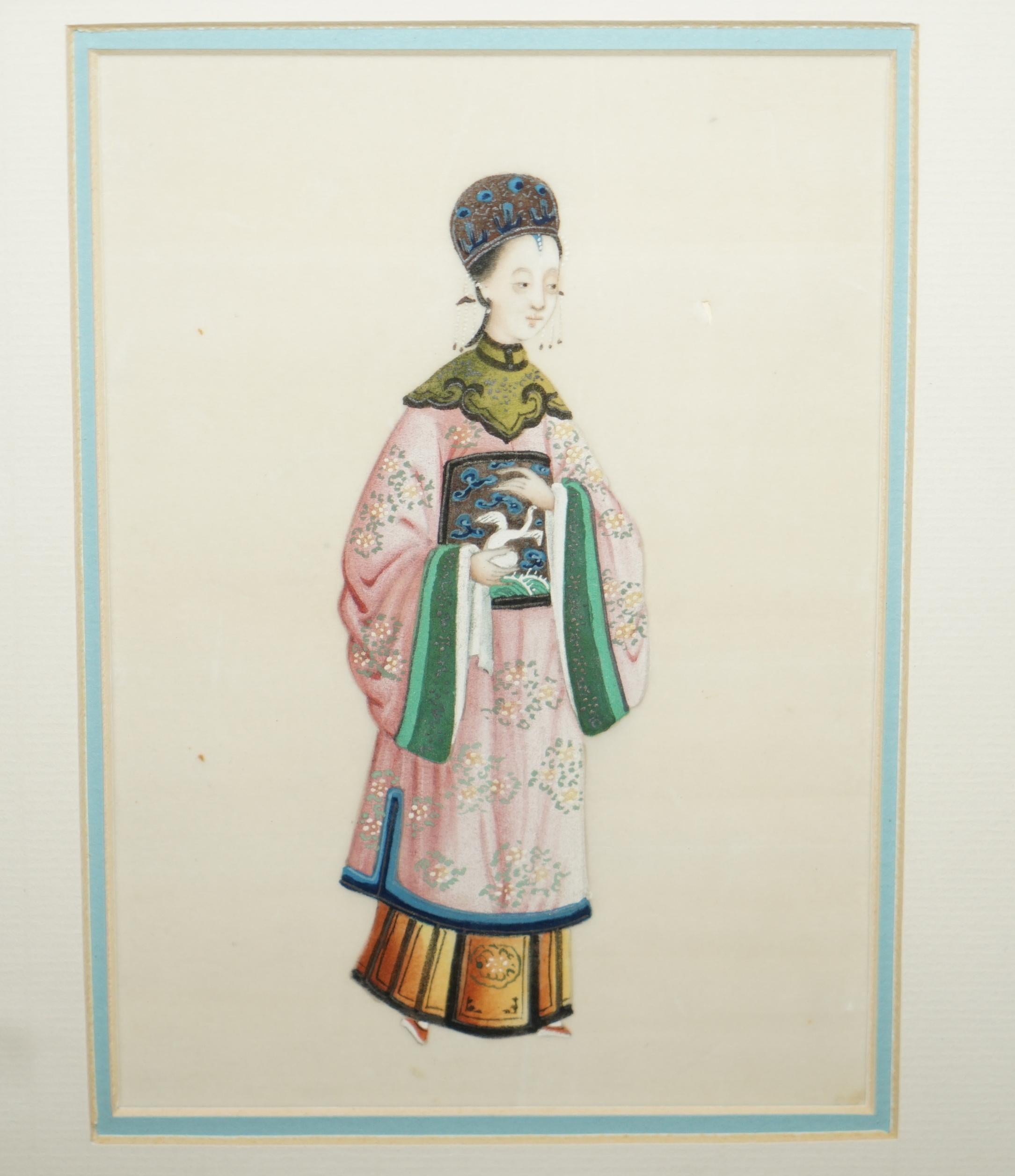 Chinese Export Pair Antique 19th Century 1880 Chinese Gouaches on Rice Paper Geisha Girl & Lord For Sale