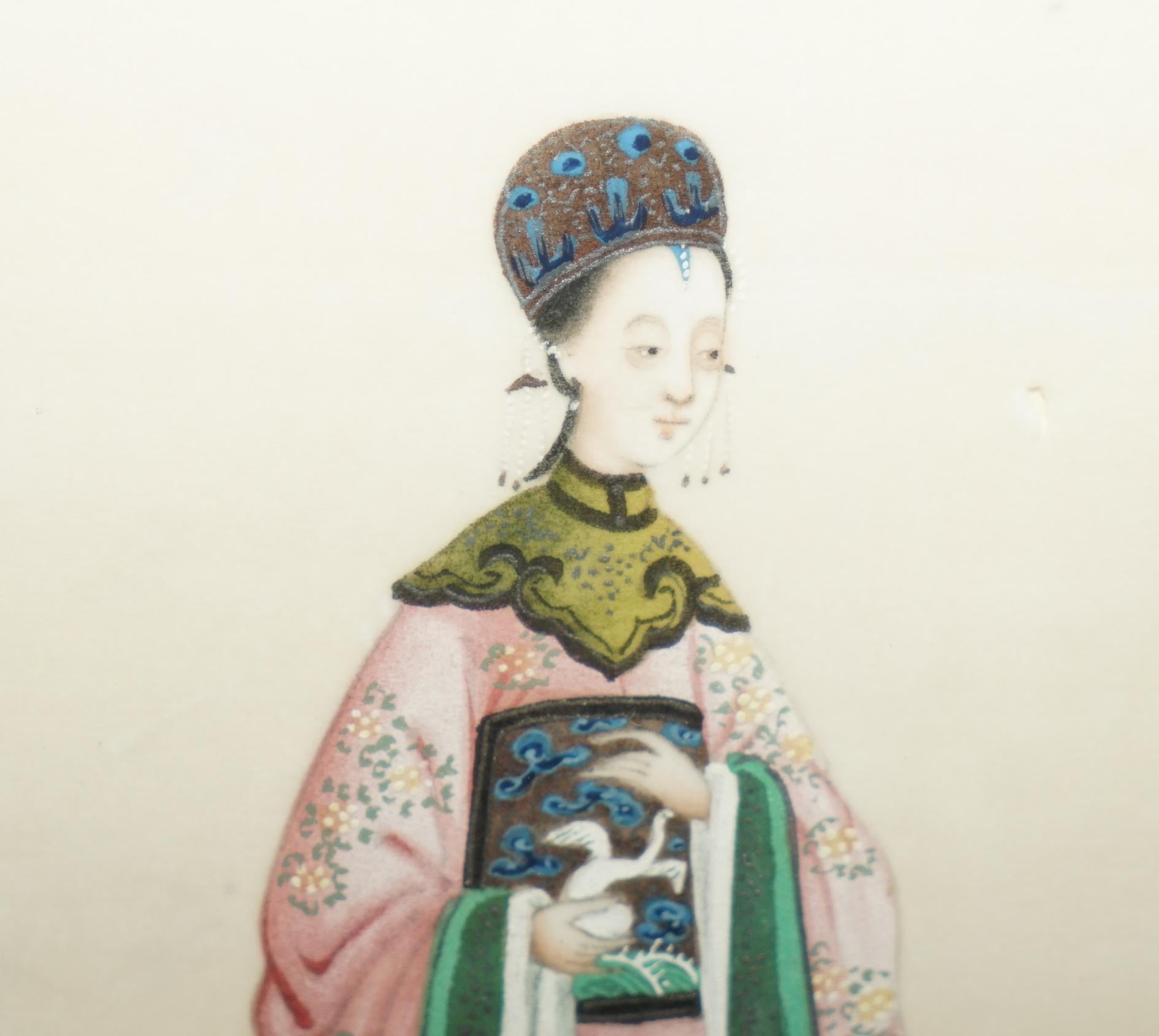 Exportation chinoise Paire de gouaches chinoises anciennes 19ème siècle 1880 sur papier de riz Geisha et Seigneur en vente