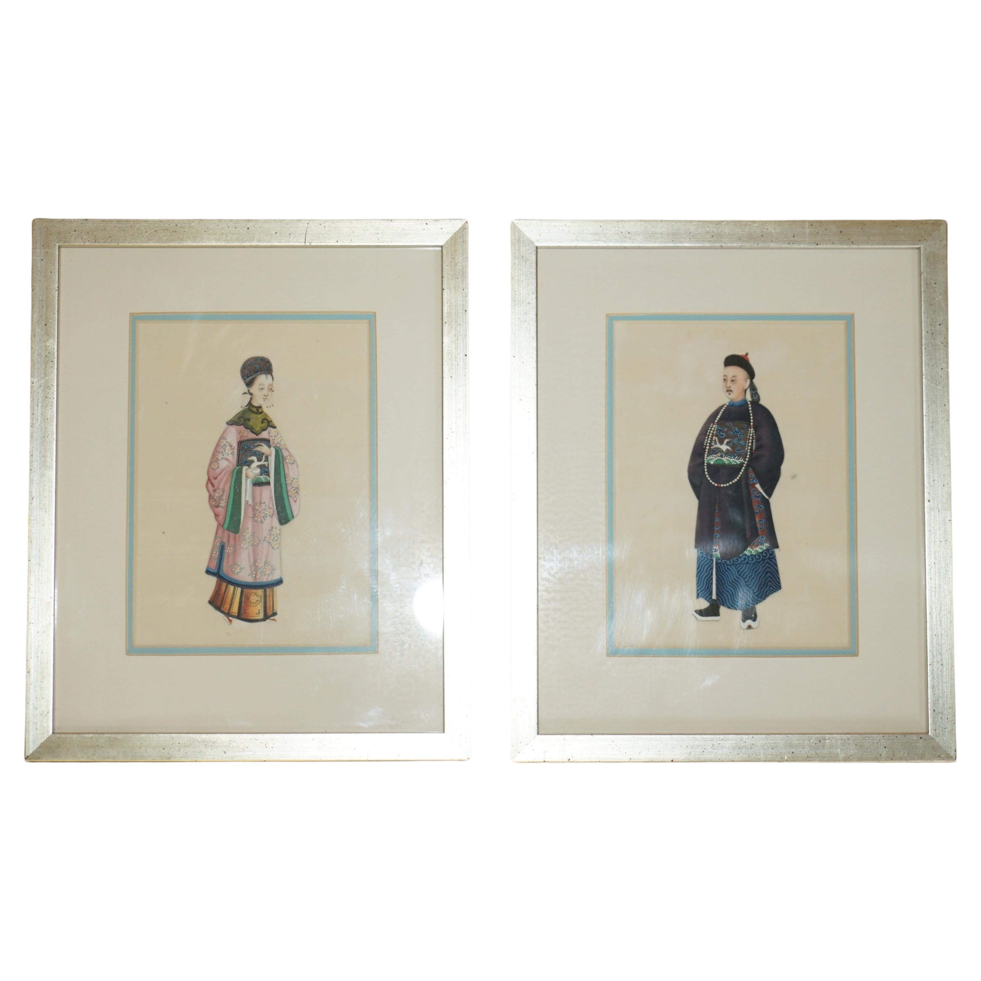 Pair Antique 19th Century 1880 Chinese Gouaches on Rice Paper Geisha Girl & Lord For Sale