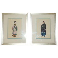 Pair Antique 19th Century 1880 Chinese Gouaches on Rice Paper Geisha Girl & Lord