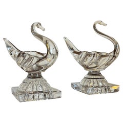 Pair Antique 19th Century American Flint Glass Swan Form Open Salt Cellars