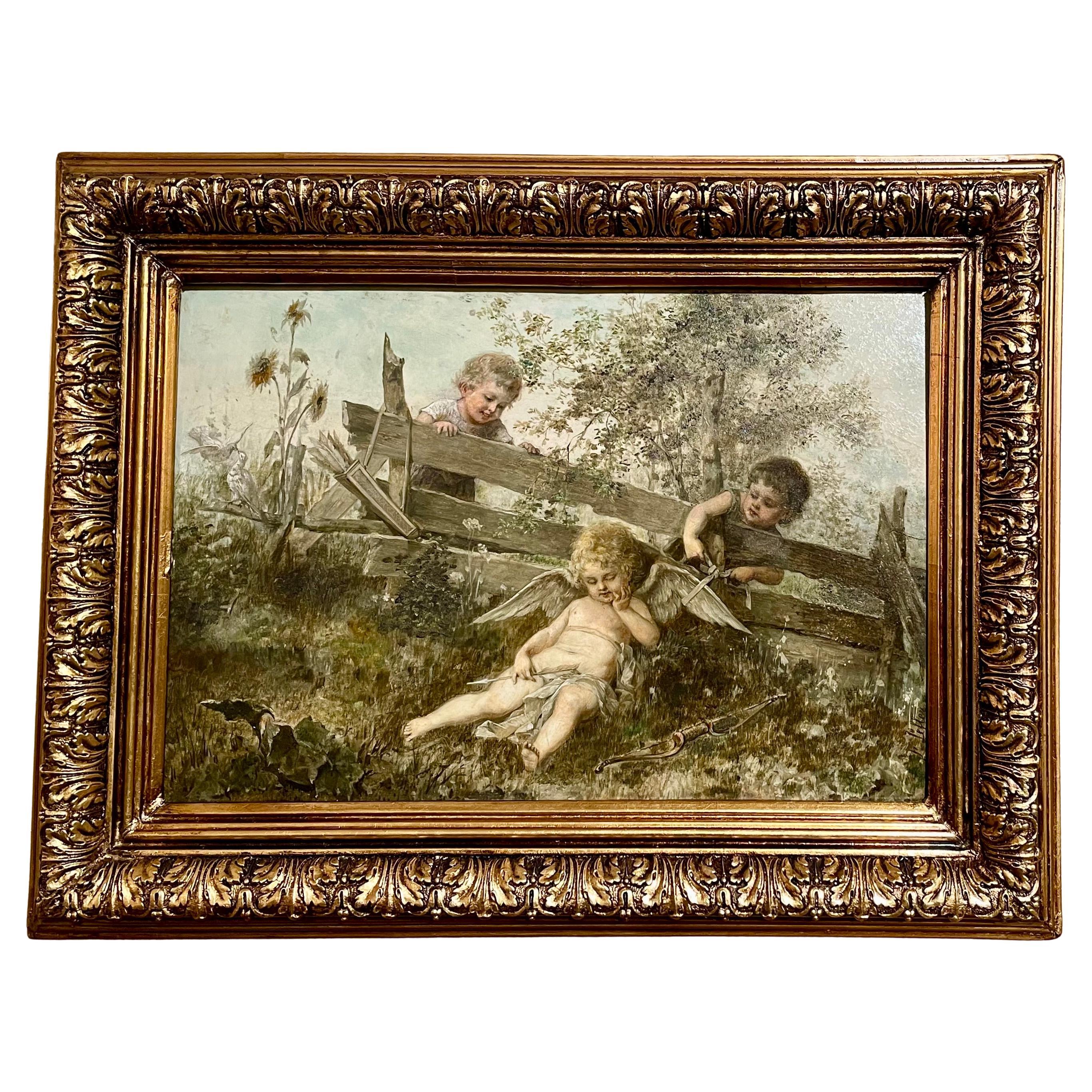 Pair antique 19th century framed oil on panel paintings signed by Austrian artist, Heinrich Lefler (1863-1919).