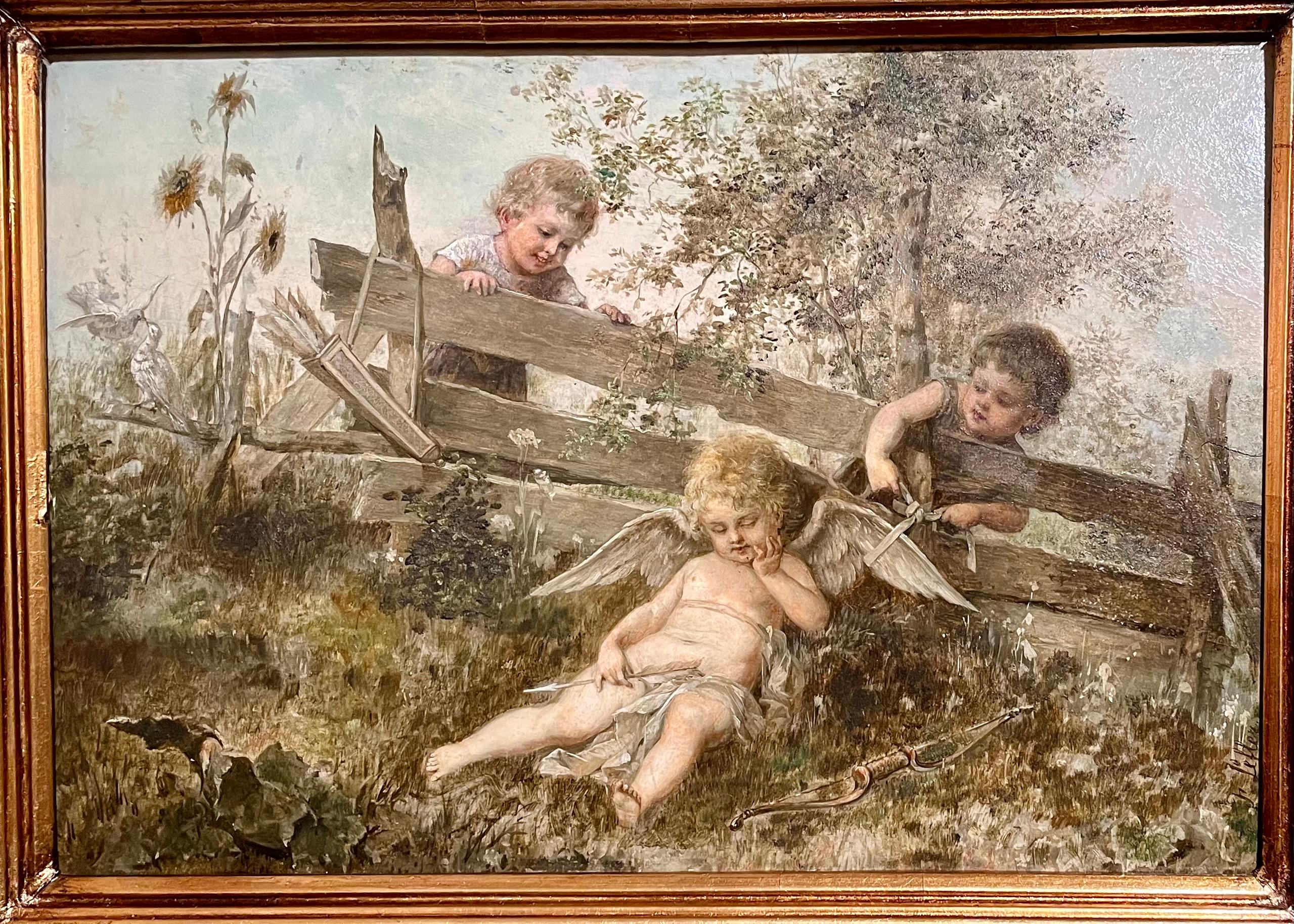 Wood Pair Antique 19th Century Austrian Heinrich Lefler Framed Oil on Panel Paintings For Sale