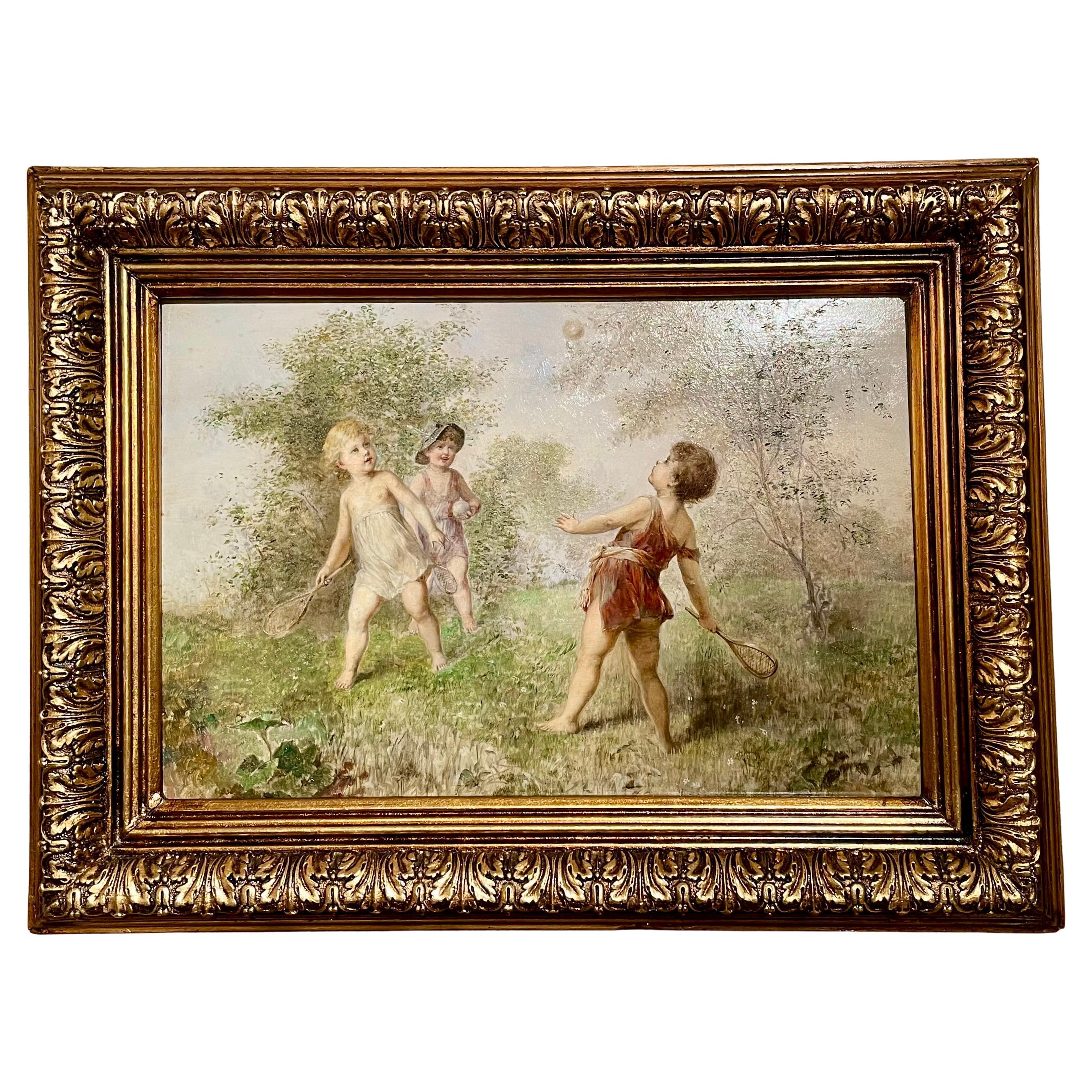 Pair Antique 19th Century Austrian Heinrich Lefler Framed Oil on Panel Paintings For Sale 1