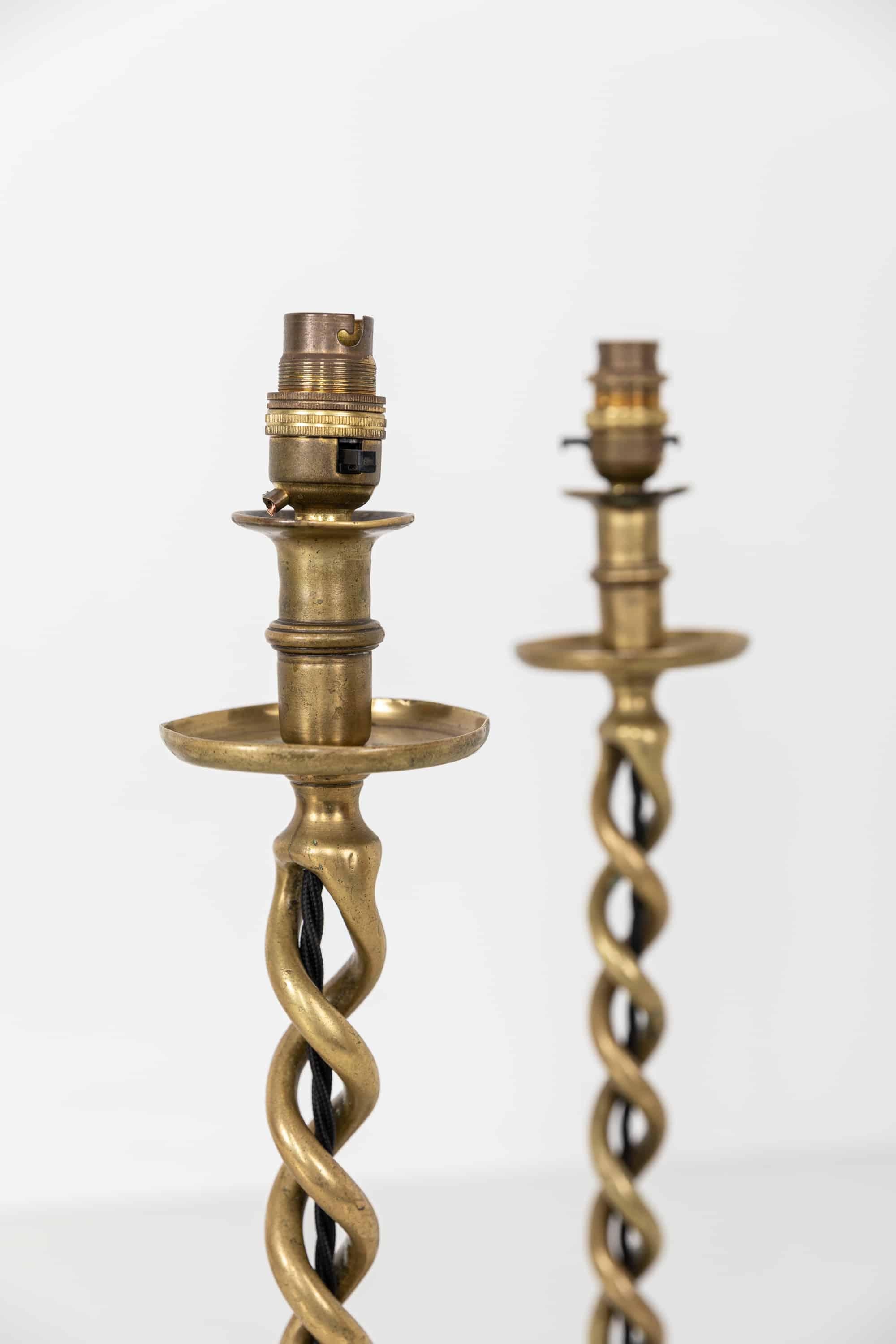 Pair Antique 19th Century Brass Candlestick Table Desk Lamps Lights, circa 1880 In Fair Condition In London, GB