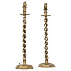 Pair Antique 19th Century Brass Candlestick Table Desk Lamps Lights, circa 1880