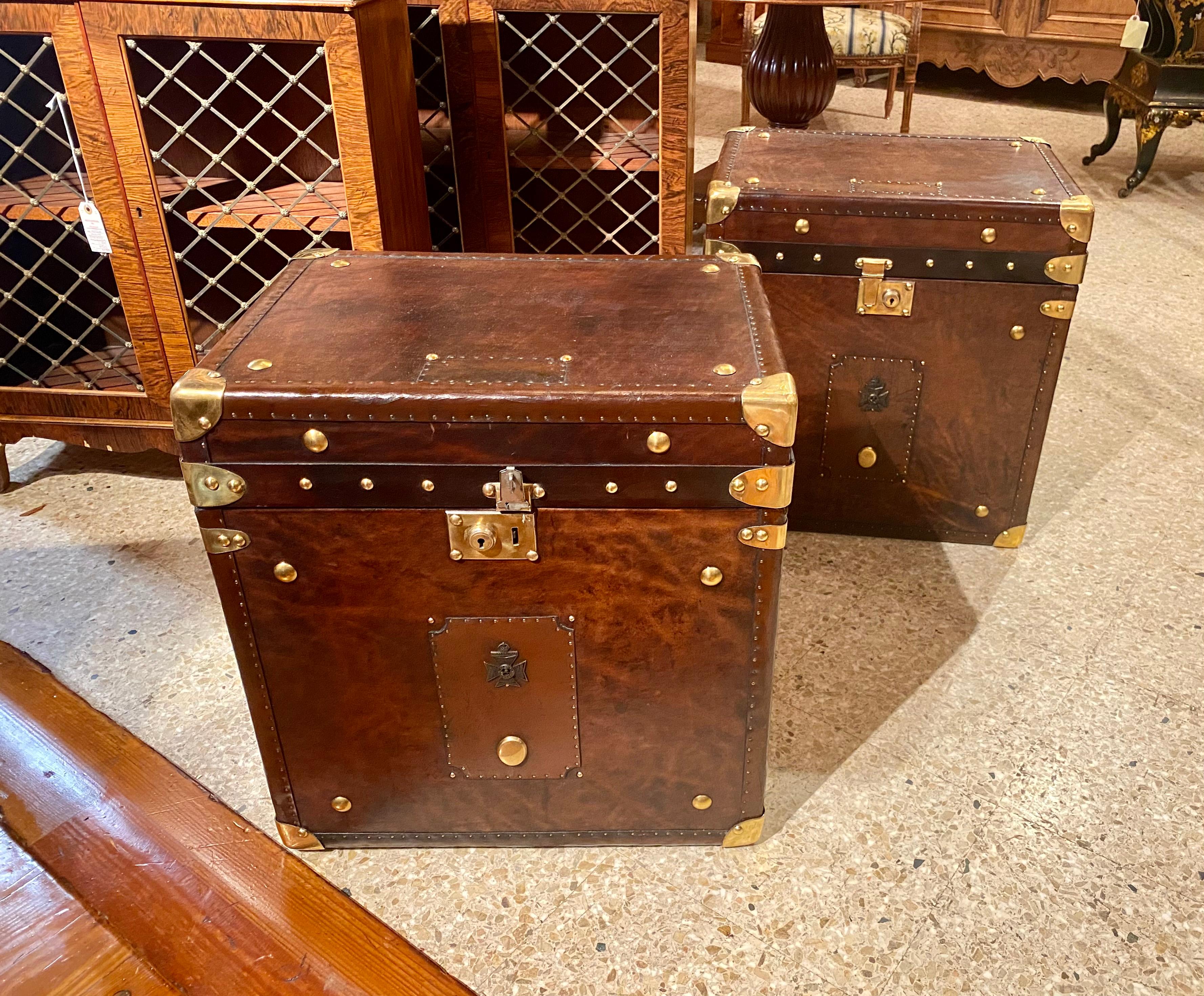 Pair Antique 19th Century British Brass Mounted Leather Military Trunks 1