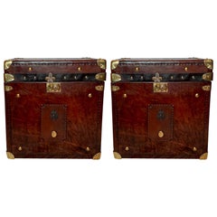 Pair Antique 19th Century British Brass Mounted Leather Military Trunks