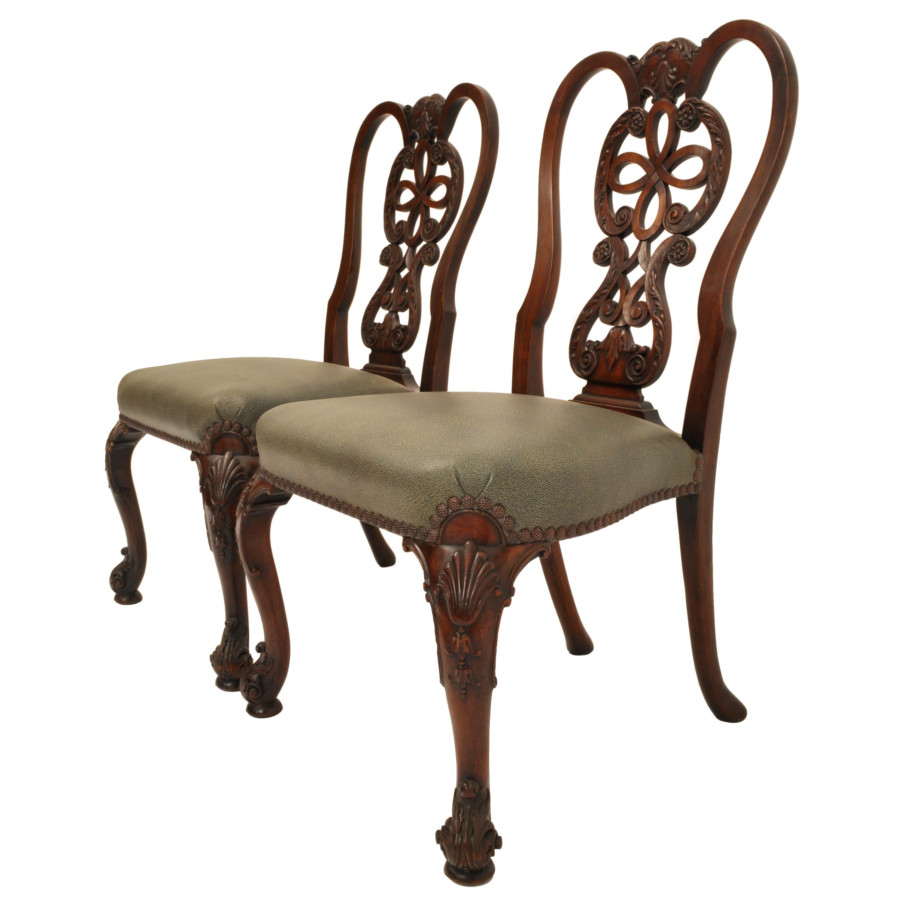 American Pair Antique 19th Century Carved Mahogany Georgian Chippendale Side Chairs, 1880