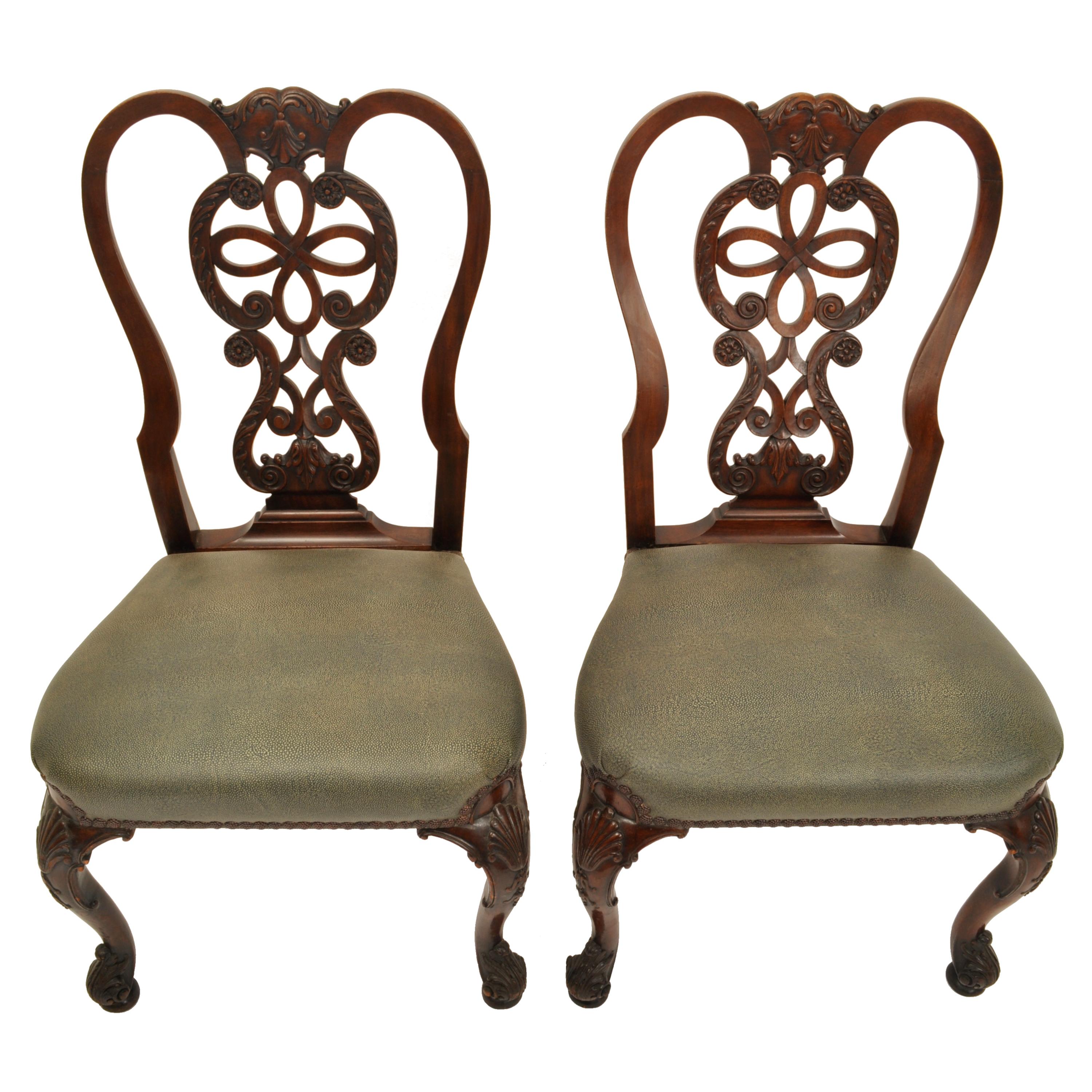Pair Antique 19th Century Carved Mahogany Georgian Chippendale Side Chairs, 1880 In Good Condition In Portland, OR