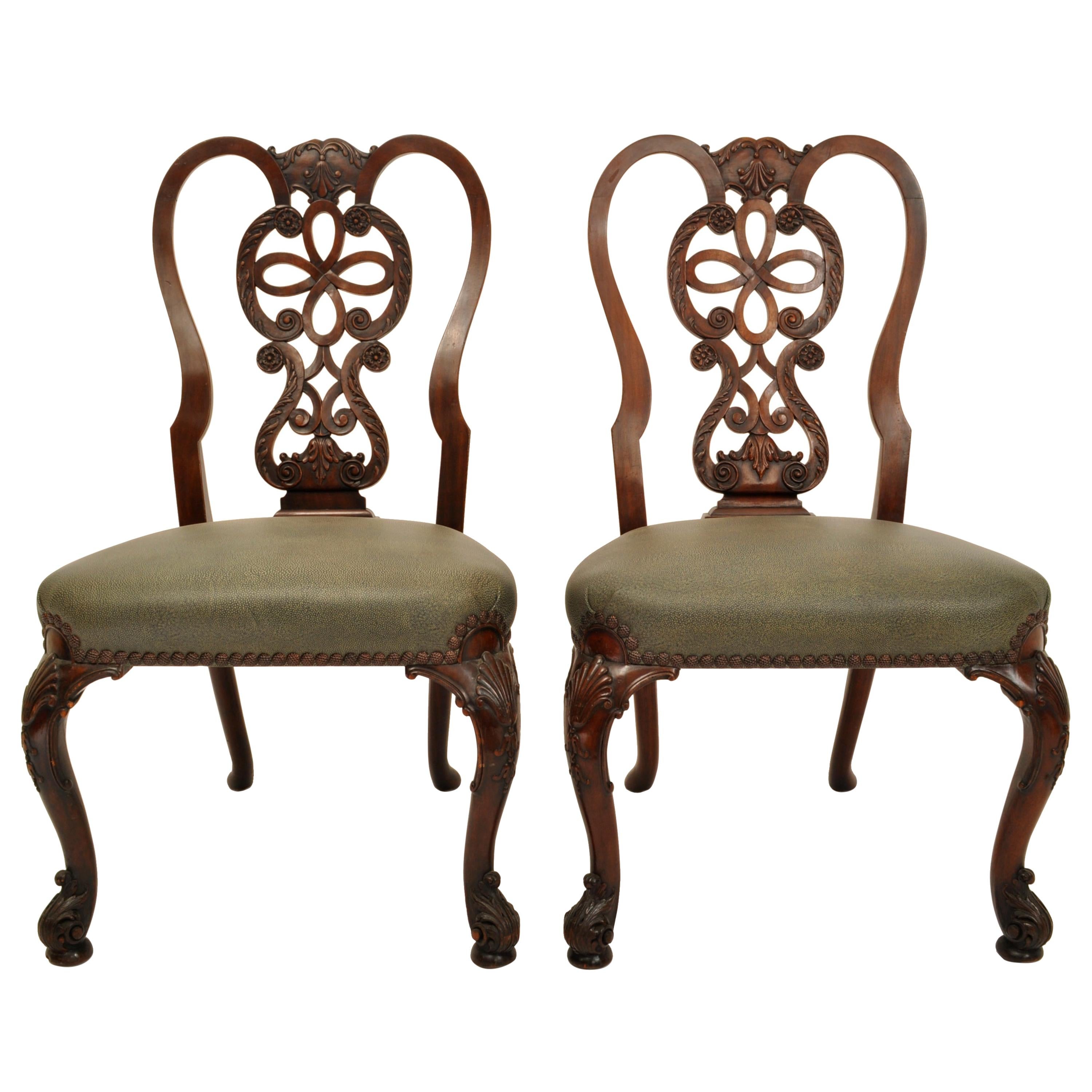 Pair Antique 19th Century Carved Mahogany Georgian Chippendale Side Chairs, 1880