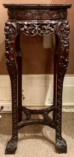 Pair of Antique 19th Century Carved Teak Stands with Marble Tops