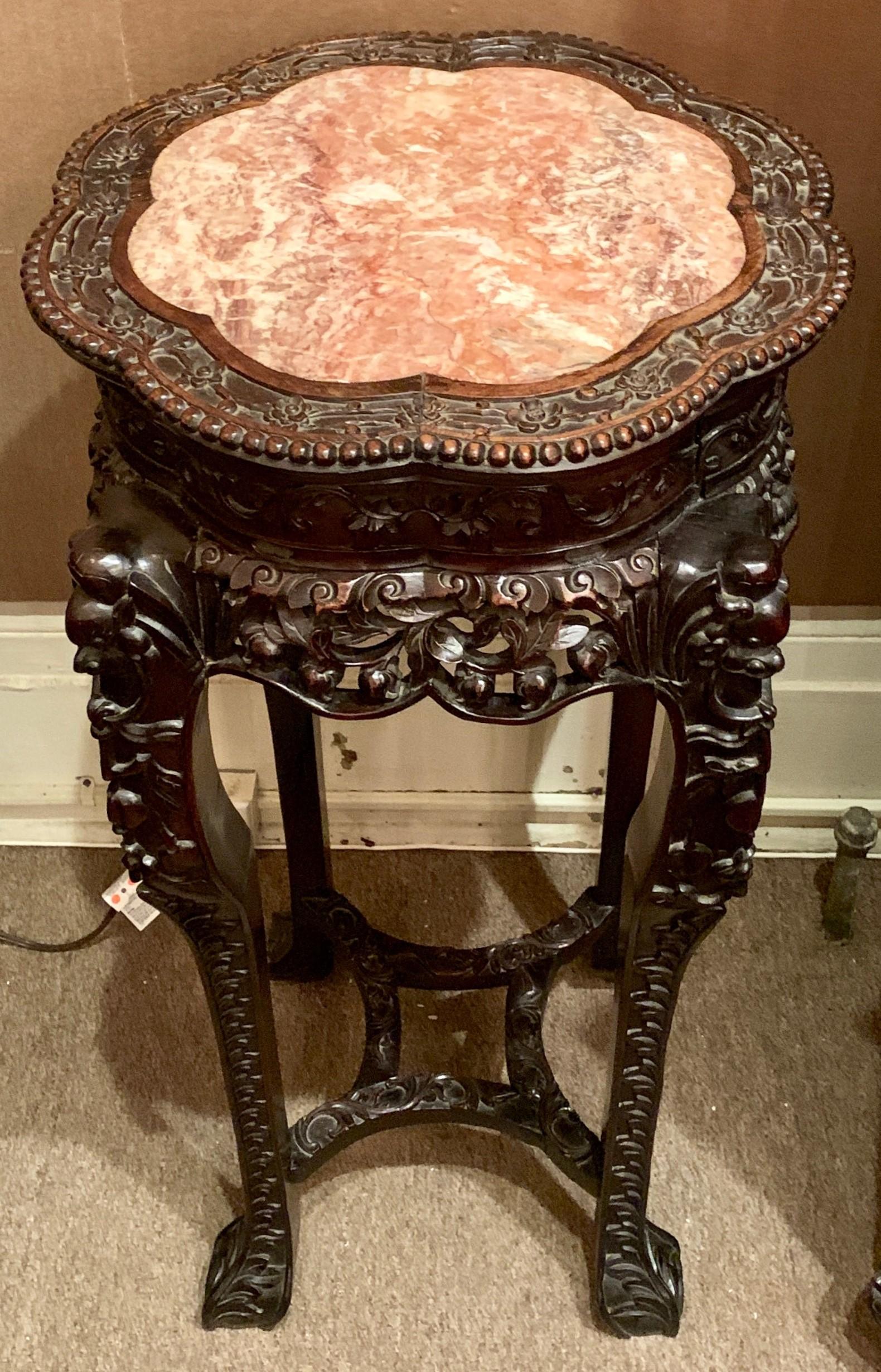 Indian Pair of Antique 19th Century Carved Teak Stands with Marble Tops For Sale