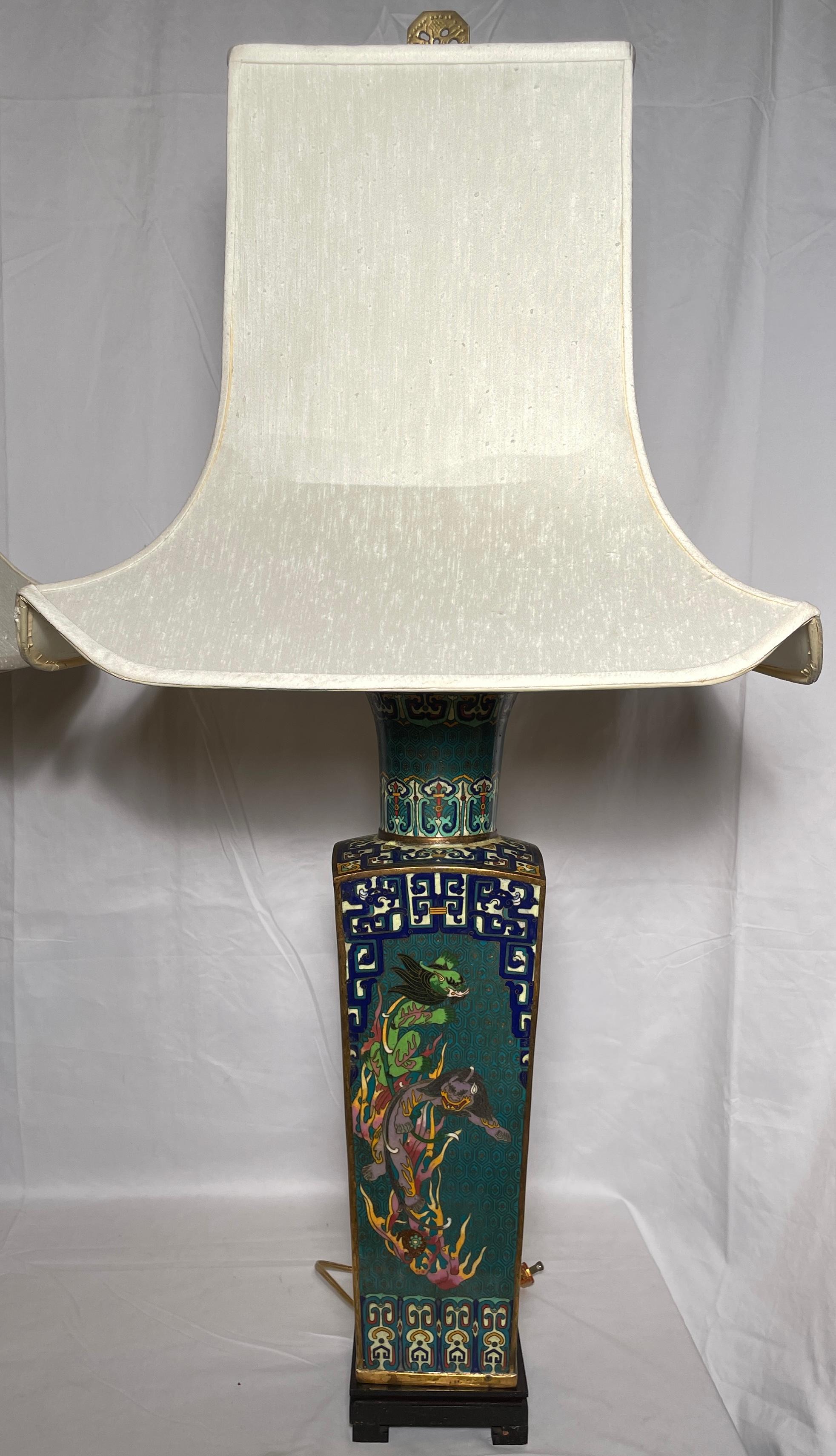 Pair antique 19th century Chinese cloisonné lamps.