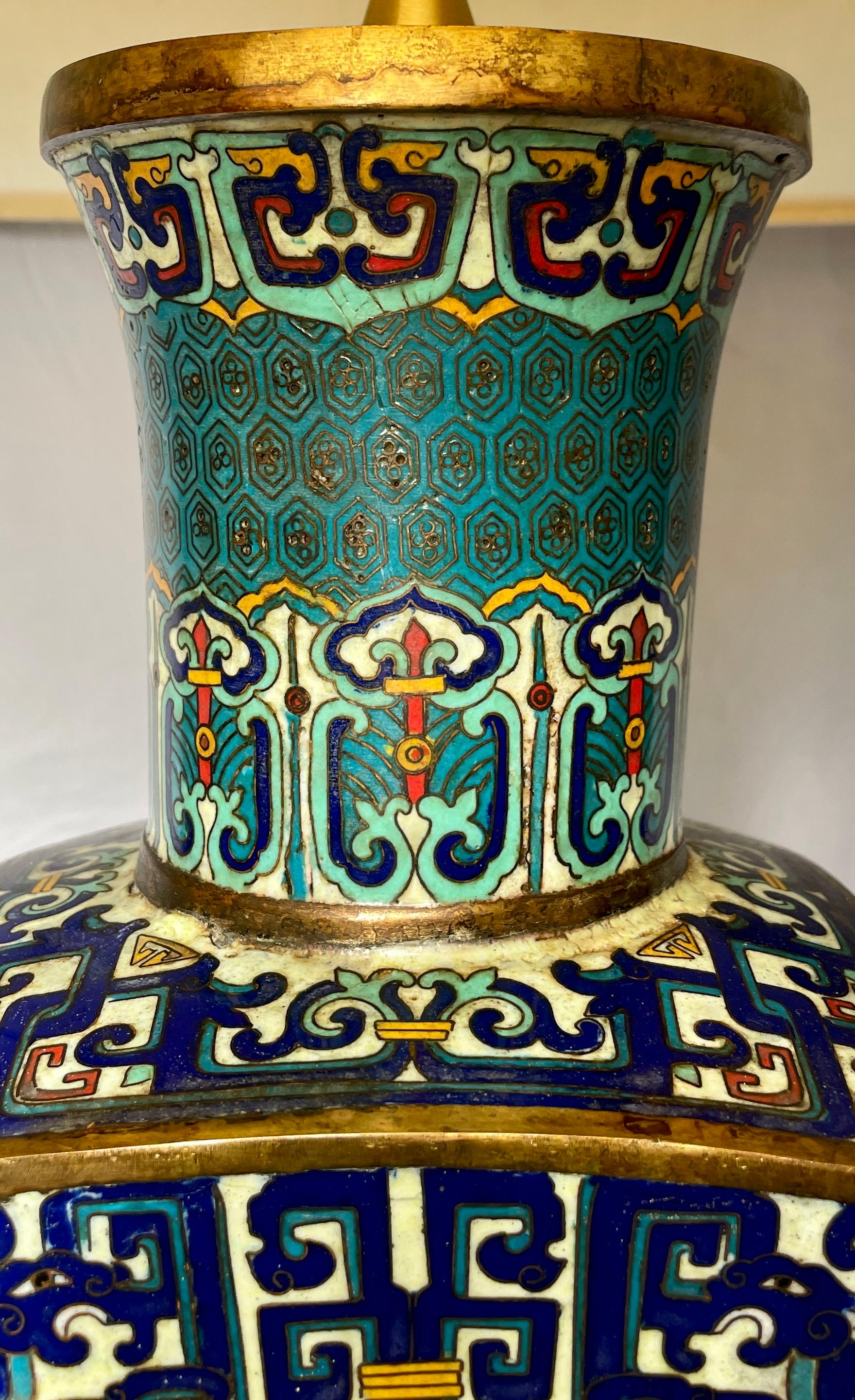 Cloissoné Pair Antique 19th Century Chinese Cloisonné Lamps For Sale