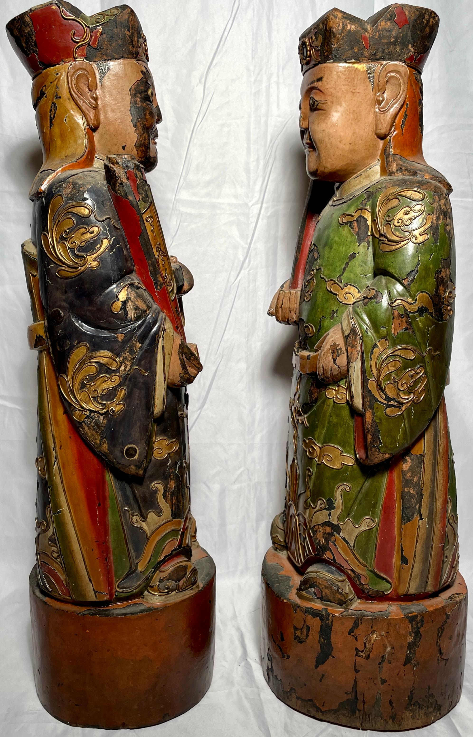 Pair Antique 19th Century Chinese Lacquer and Carved Wood Figures For Sale 7