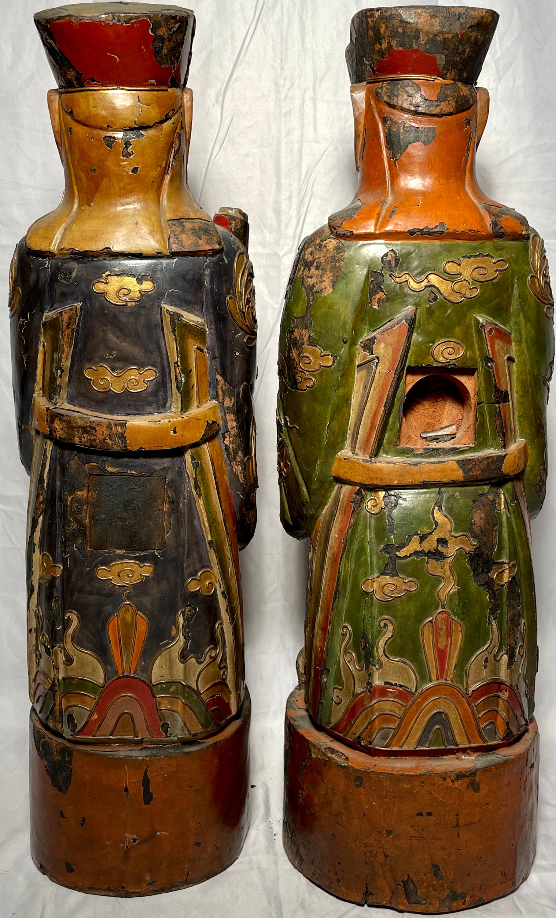 Pair Antique 19th Century Chinese Lacquer and Carved Wood Figures For Sale 8