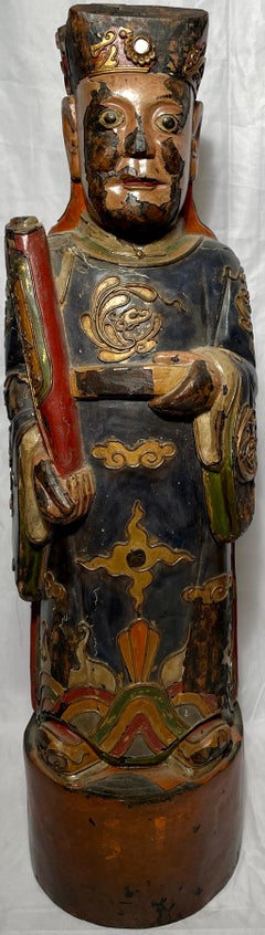 Pair Antique 19th Century Chinese Lacquer and Carved Wood Figures