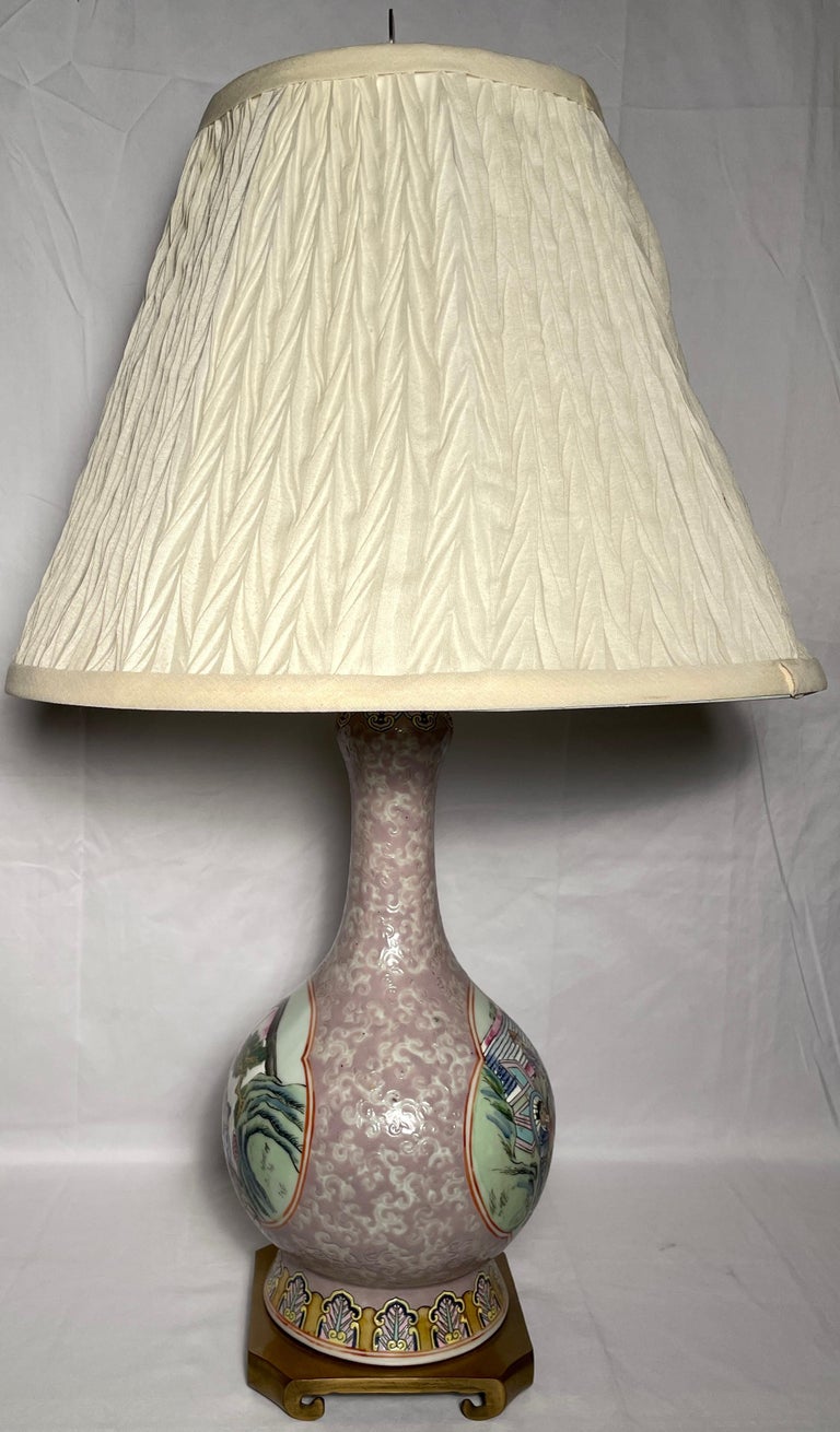 Pair Antique 19th Century Chinese Porcelain Bottle Vase Lamps w